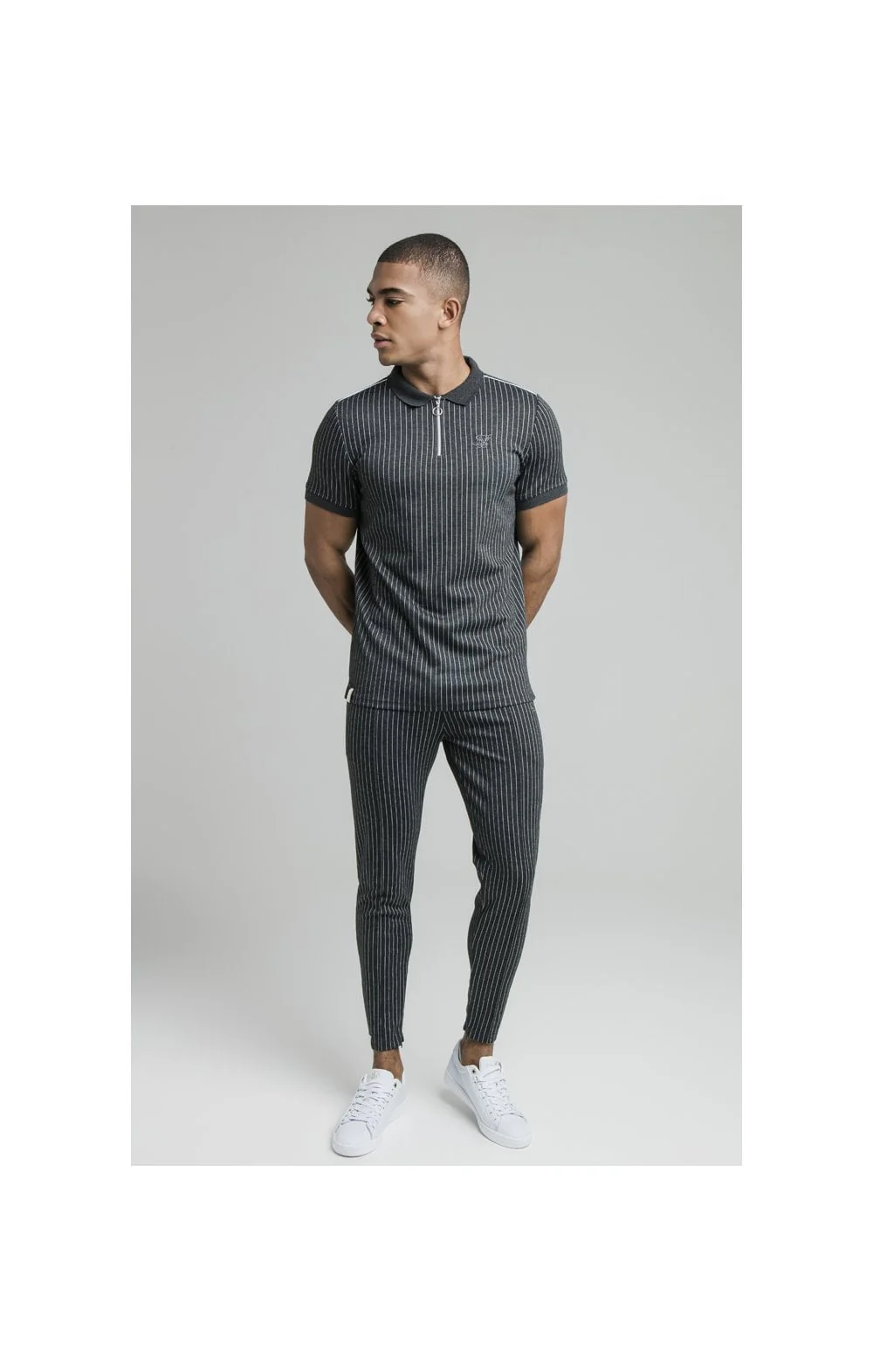 Grey Smart Pinstripe Polo Shirt - Image 4