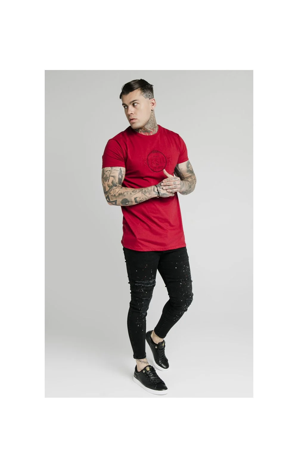 SikSilk Straight Hem Chain Print Box Tee - Dark Red - Image 3