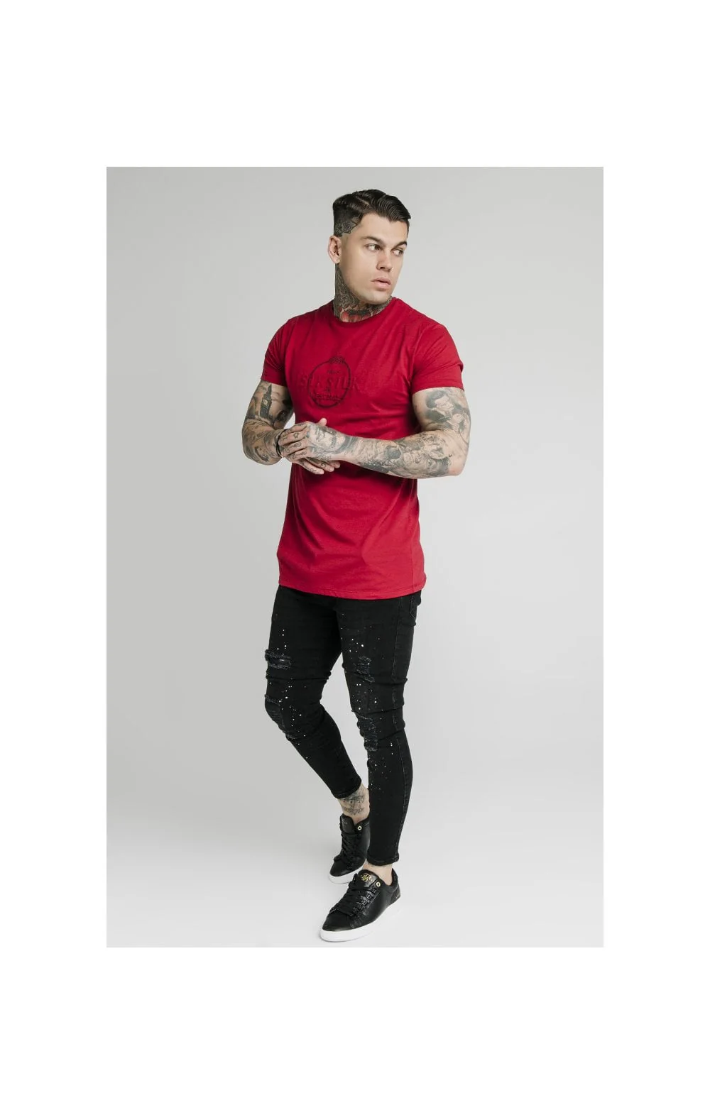 SikSilk Straight Hem Chain Print Box Tee - Dark Red - Image 4