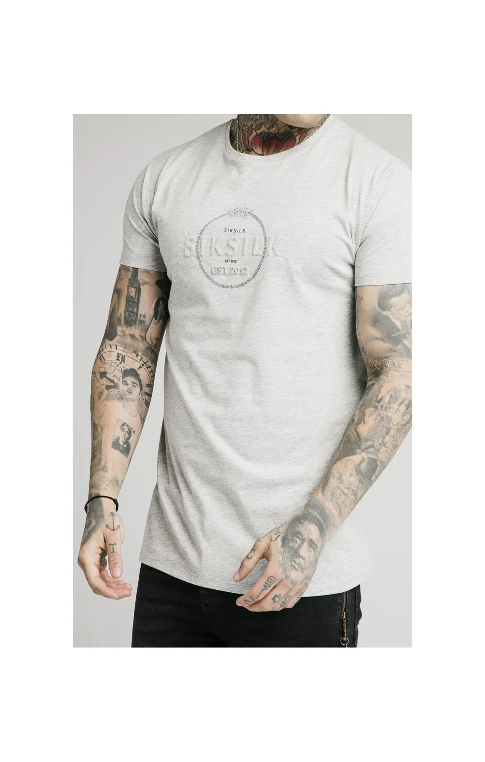 SikSilk Straight Hem Chain Print Box Tee - Grey Marl