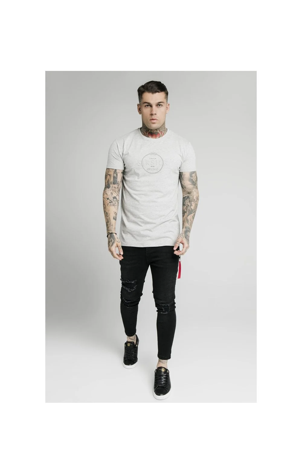 SikSilk Straight Hem Chain Print Box Tee - Grey Marl - Image 4