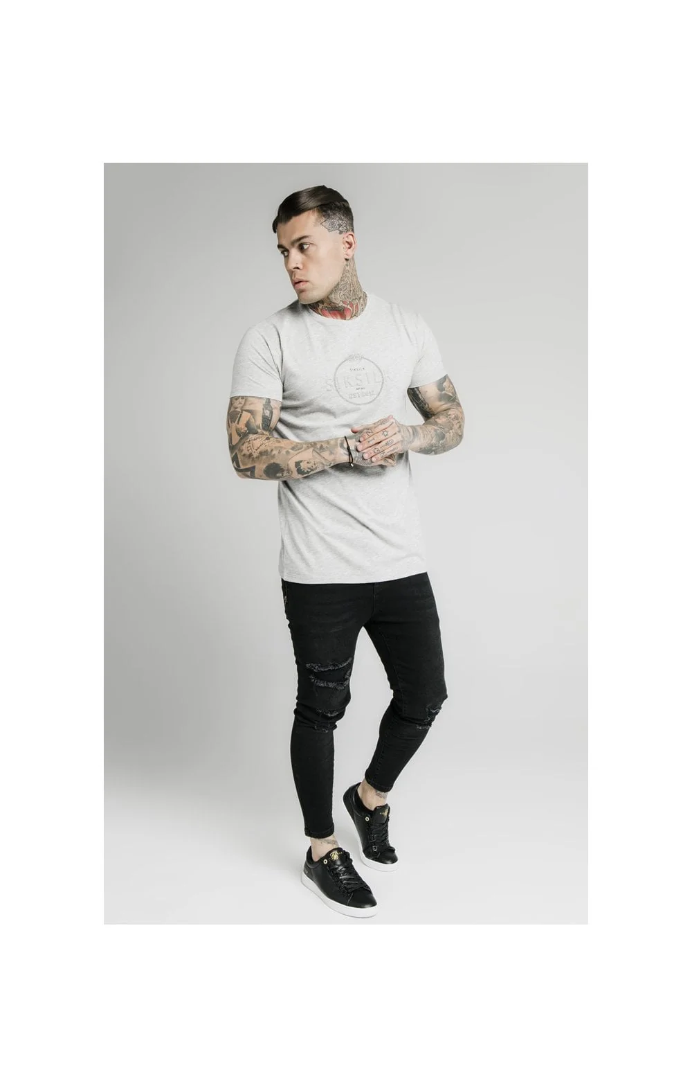 SikSilk Straight Hem Chain Print Box Tee - Grey Marl - Image 5