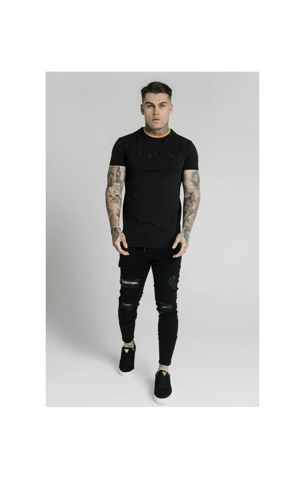 SikSilk Straight Hem Gym Tee – Black & Gold - Image 2