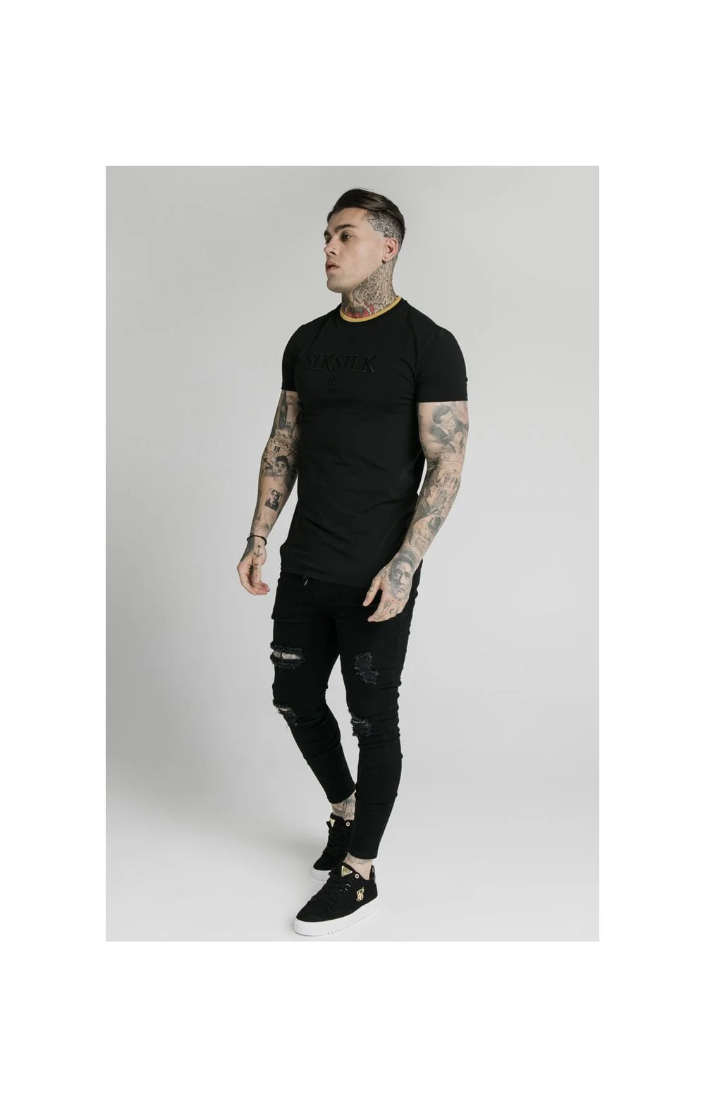 SikSilk Straight Hem Gym Tee – Black & Gold - Image 5