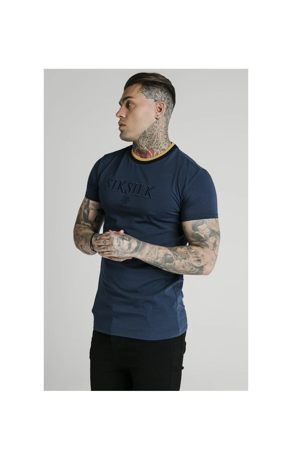SikSilk Straight Hem Gym Tee - Navy, Gold & Black