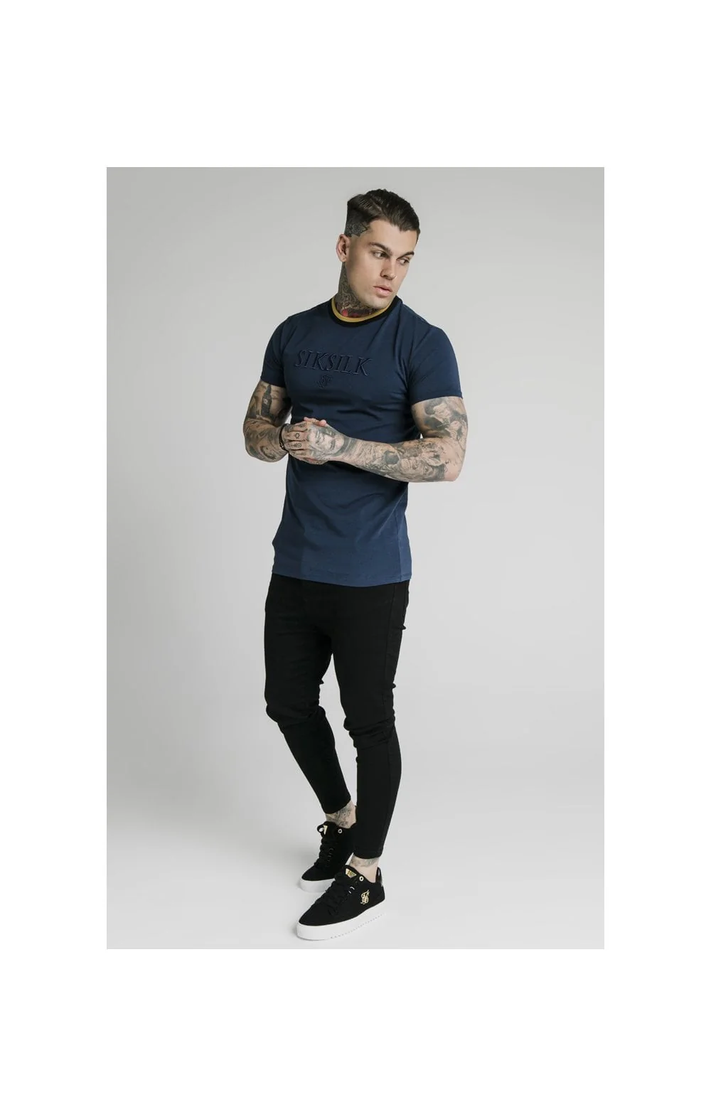 SikSilk Straight Hem Gym Tee - Navy, Gold & Black - Image 4