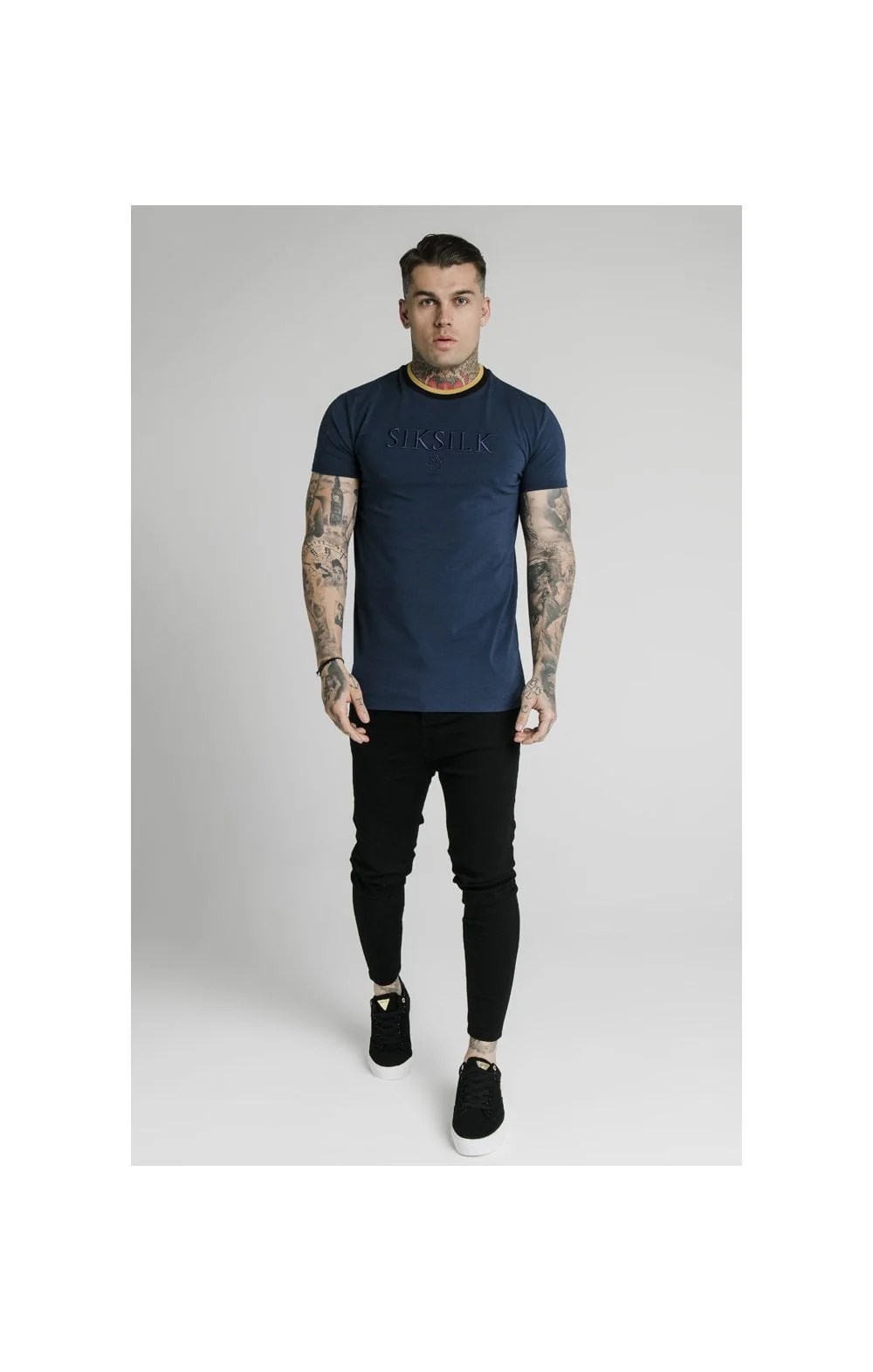 SikSilk Straight Hem Gym Tee - Navy, Gold & Black - Image 5