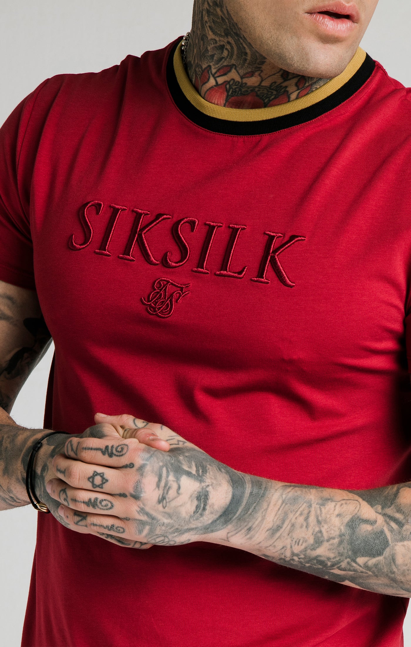 SikSilk Straight Hem Gym Tee – Red,Gold & Black - Image 2