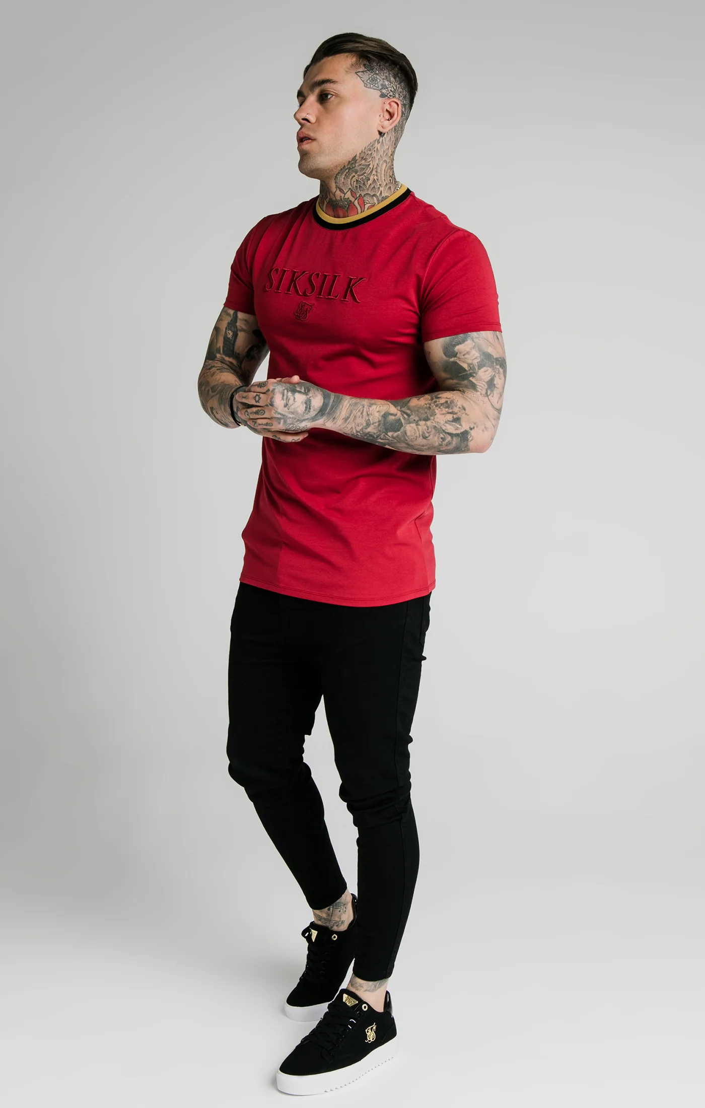 SikSilk Straight Hem Gym Tee – Red,Gold & Black - Image 4