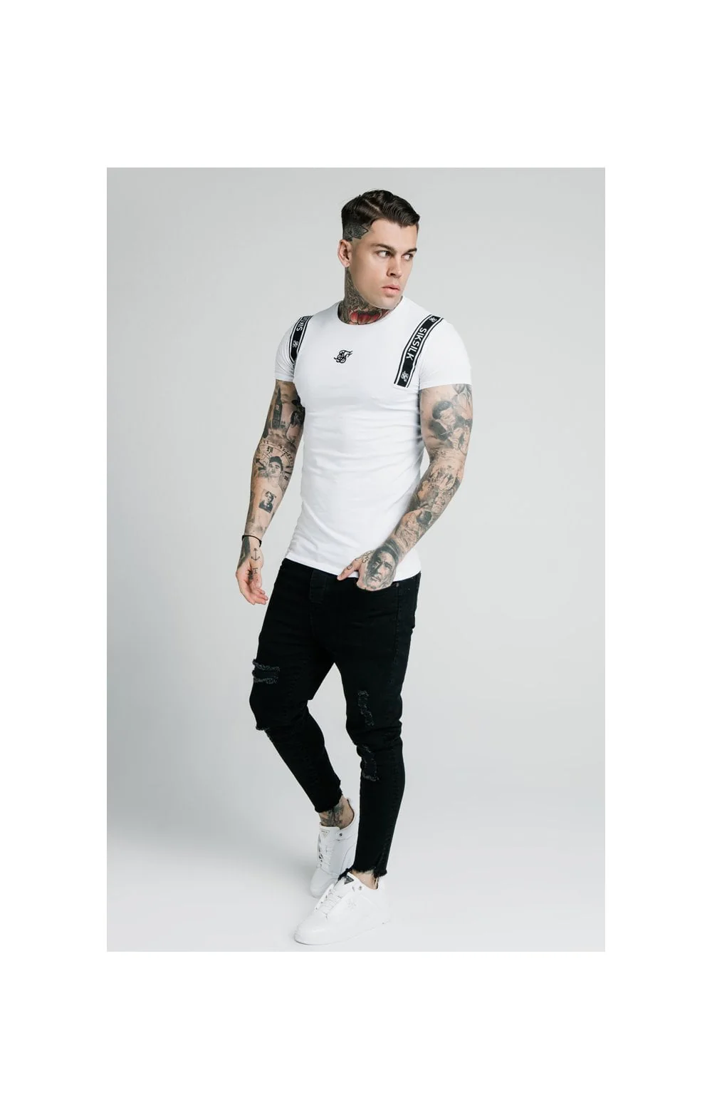 SikSilk Straight Hem Printed Gym Tee - White & Black