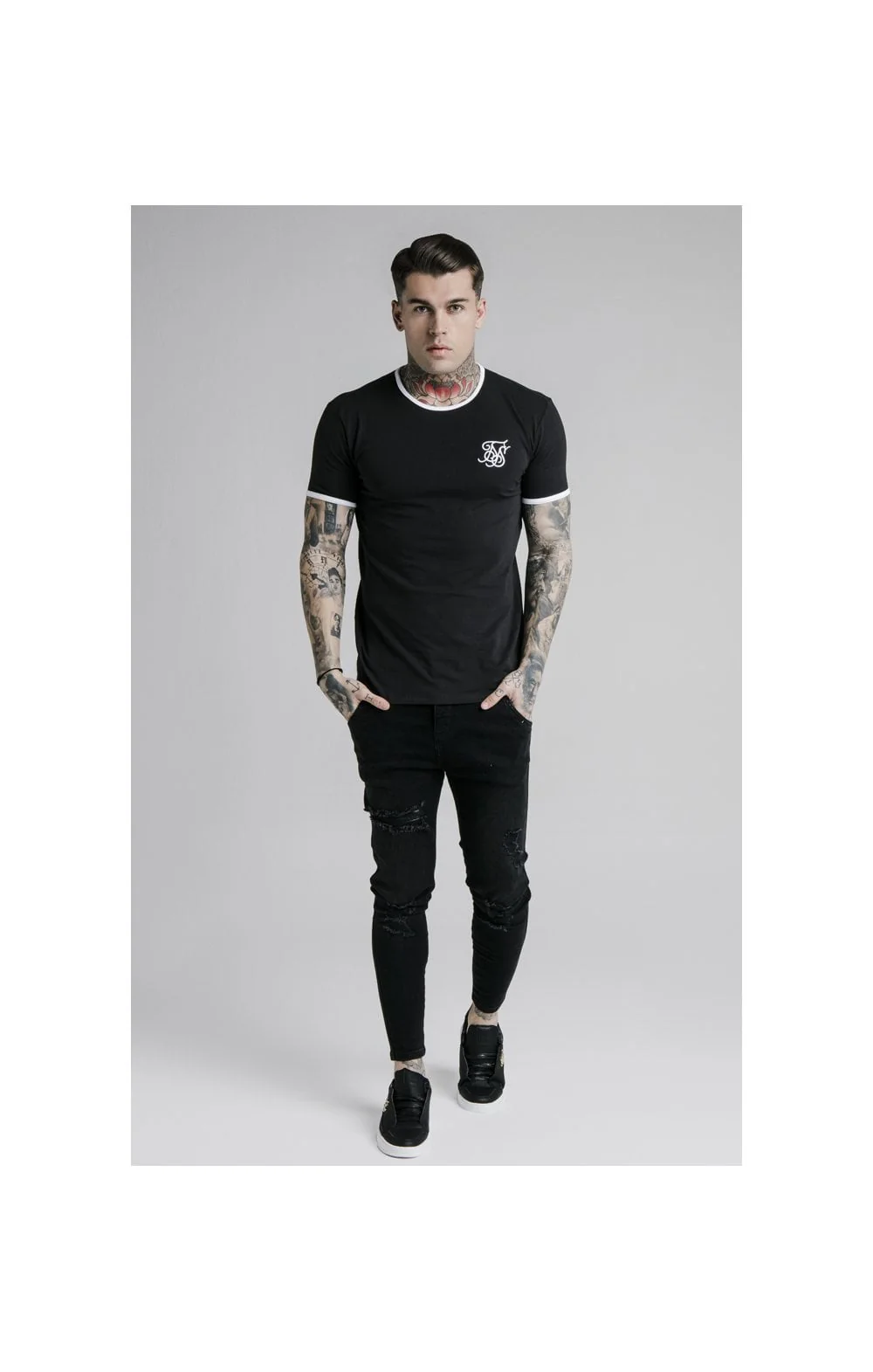 SikSilk Straight Hem Ringer Tee – Black & White - Image 3