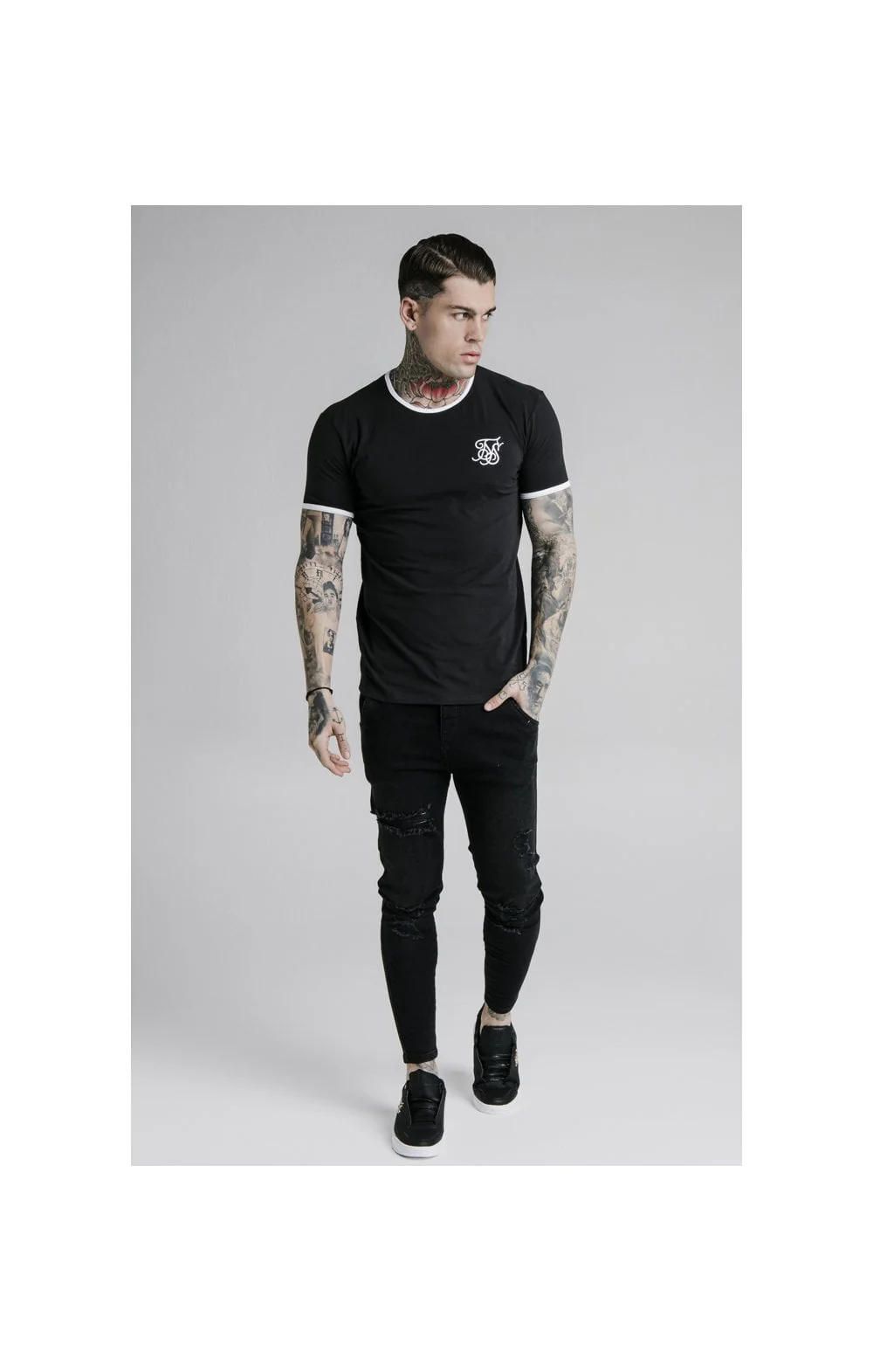 SikSilk Straight Hem Ringer Tee – Black & White - Image 4