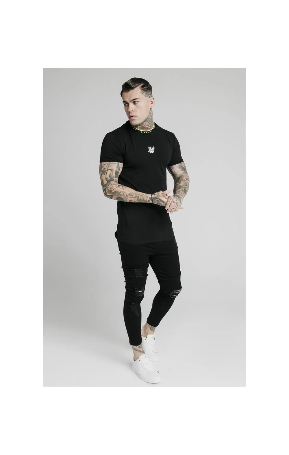 SikSilk Straight Hem Tape Collar Gym Tee - Black - Image 4