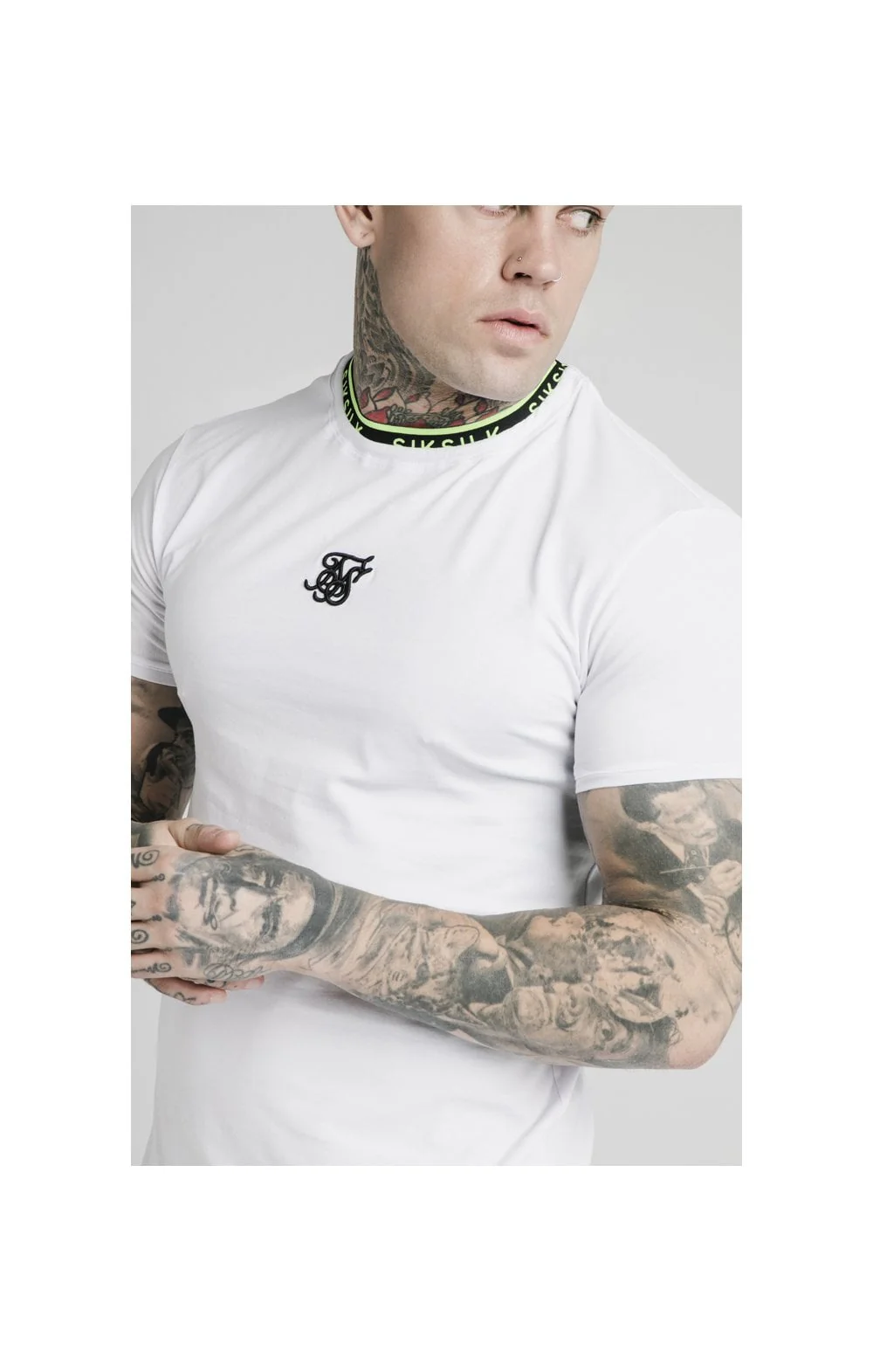 SikSilk Straight Hem Tape Collar Gym Tee - White - Image 2