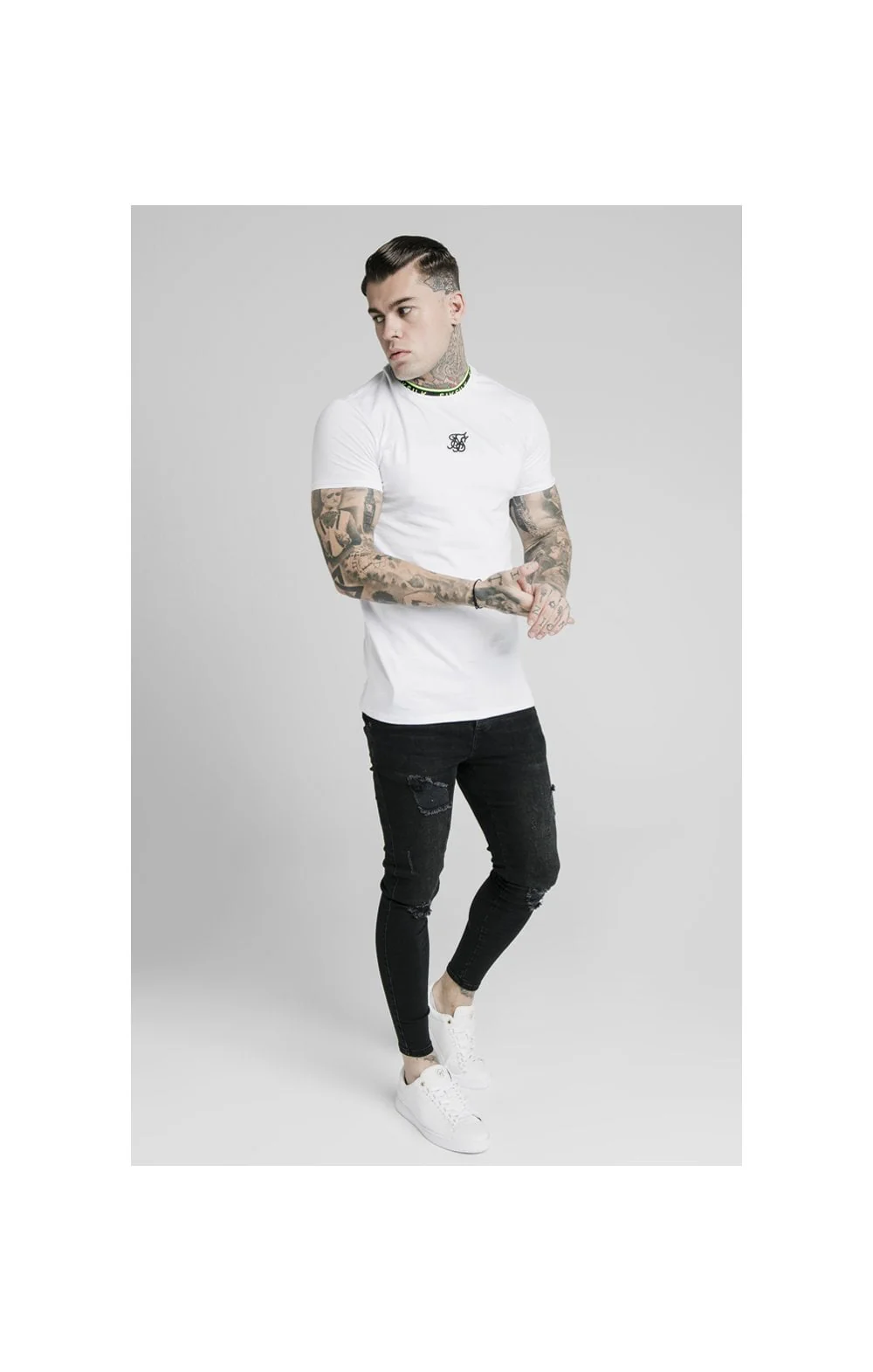 SikSilk Straight Hem Tape Collar Gym Tee - White - Image 3