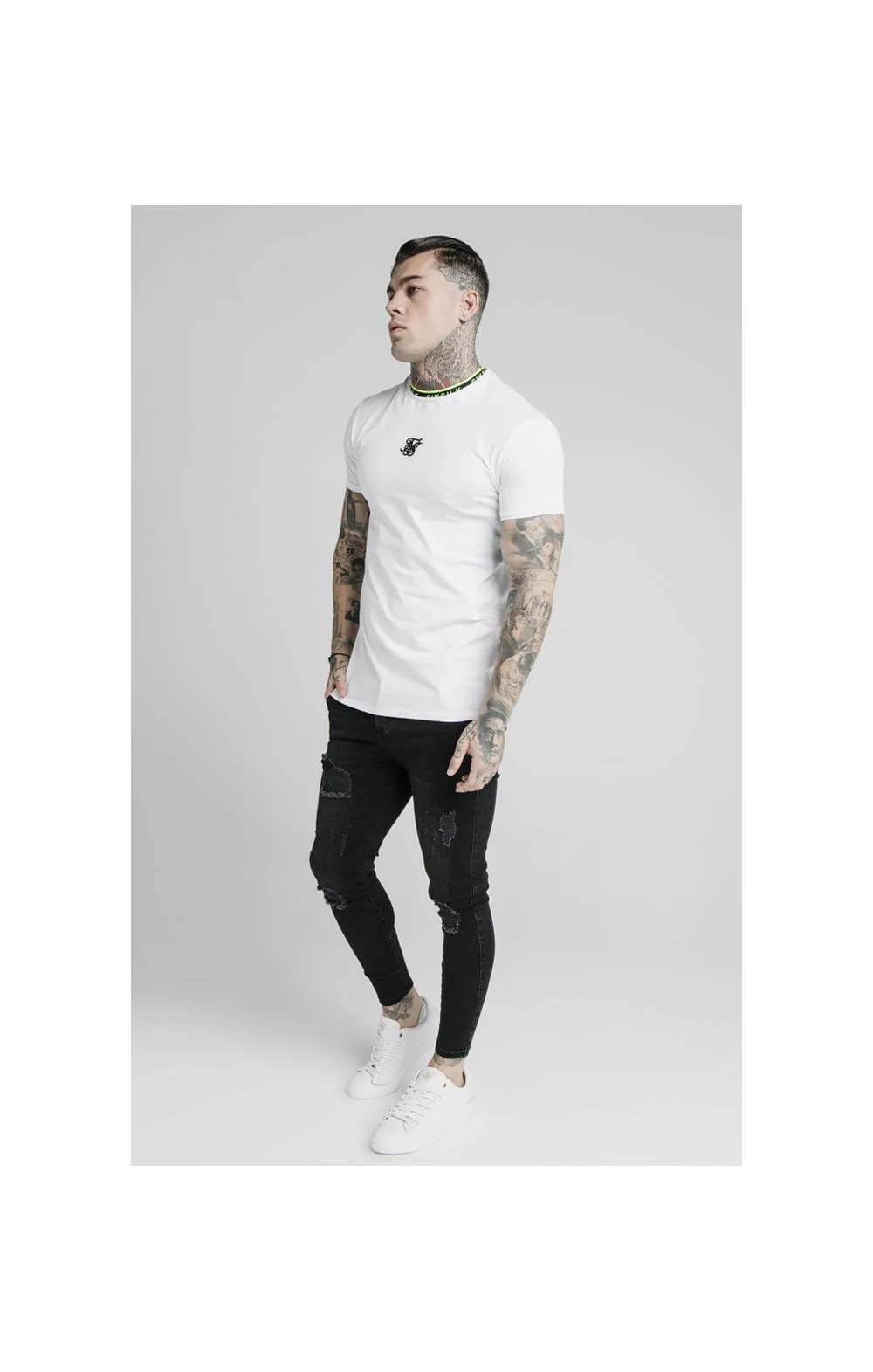 SikSilk Straight Hem Tape Collar Gym Tee - White - Image 4