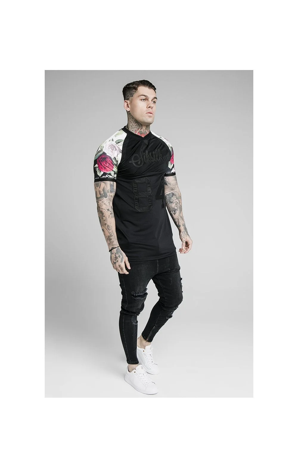SikSilk Stretch Tee - Black & Floral Pixel - Image 4