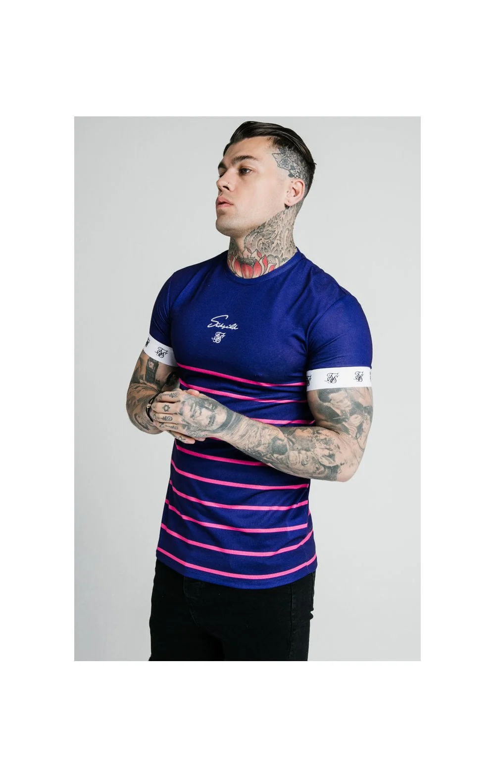 SikSilk Stripe Straight Hem Gym Tee - Navy,Pink & White - Image 2