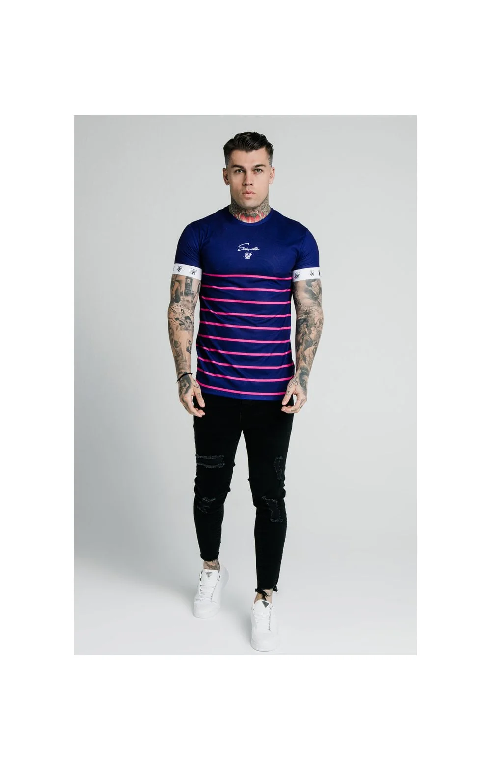 SikSilk Stripe Straight Hem Gym Tee - Navy,Pink & White - Image 3