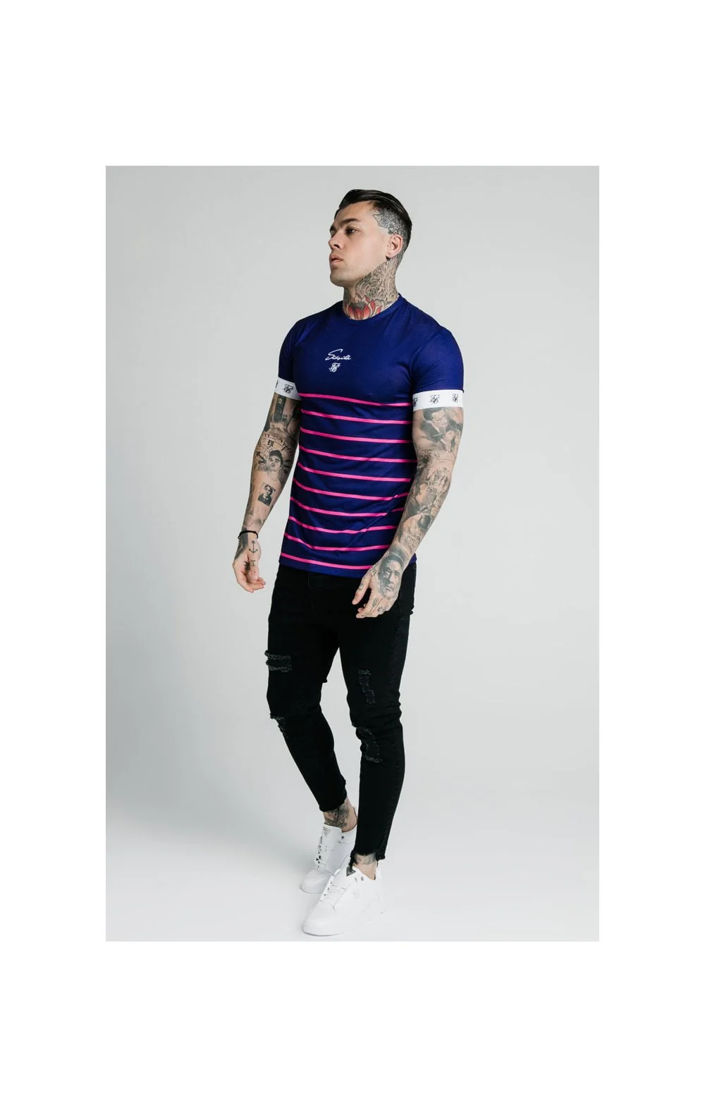 SikSilk Stripe Straight Hem Gym Tee - Navy,Pink & White - Image 4