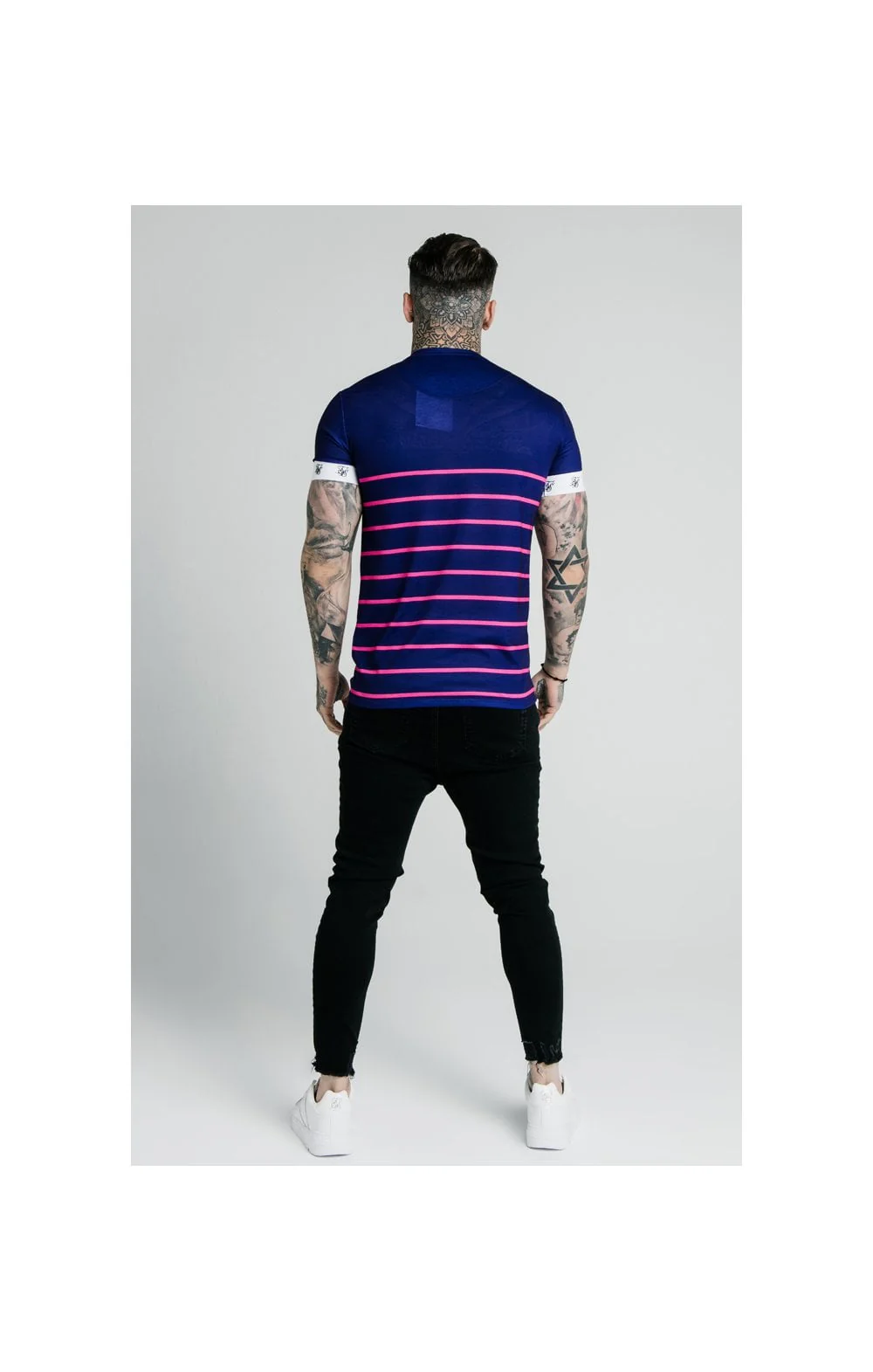 SikSilk Stripe Straight Hem Gym Tee - Navy,Pink & White - Image 5