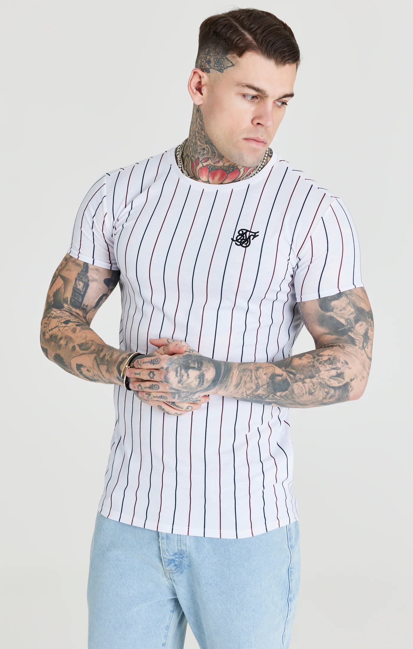 SikSilk Stripe Tee - Red, Black & White