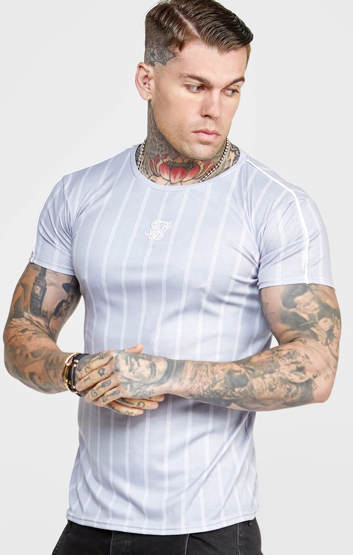 Grey Striped Muscle Fit T-Shirt