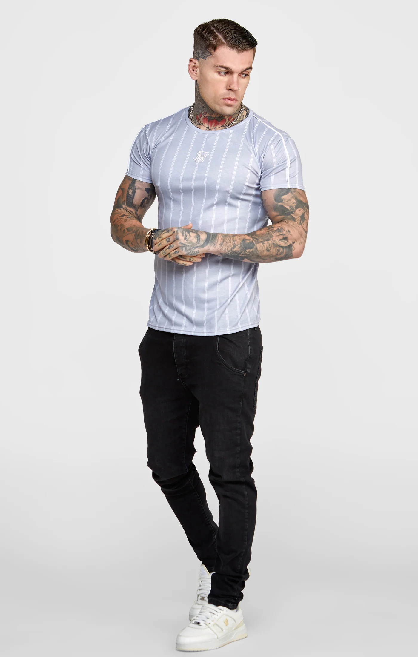 Grey Striped Muscle Fit T-Shirt - Image 3