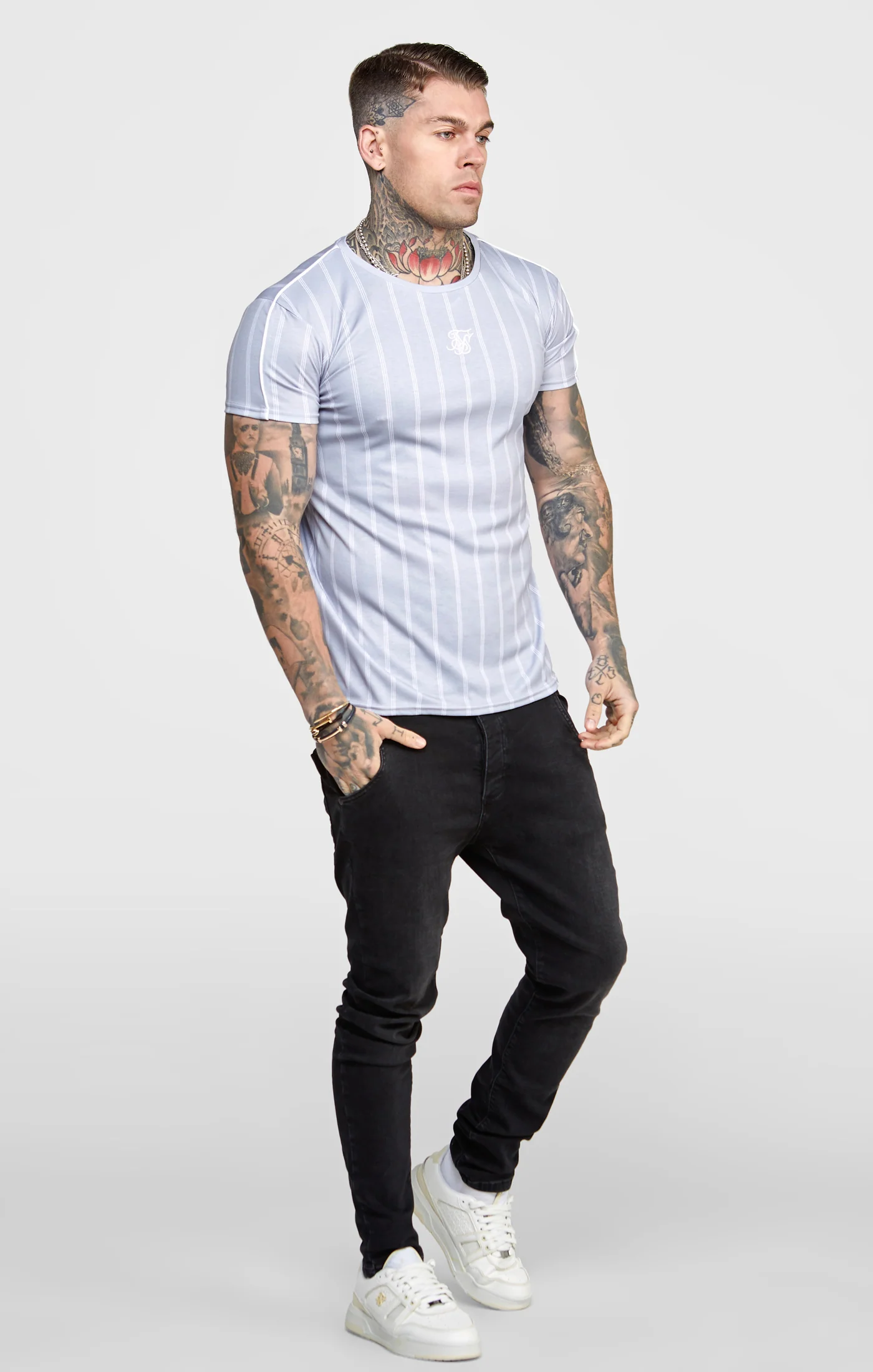 Grey Striped Muscle Fit T-Shirt - Image 4