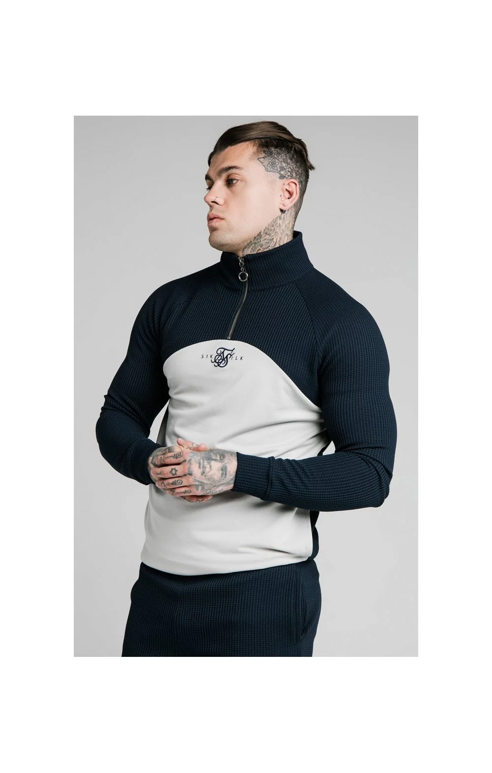 SikSilk Surface Quarter Zip Funnel Neck Hoodie - Navy & Grey