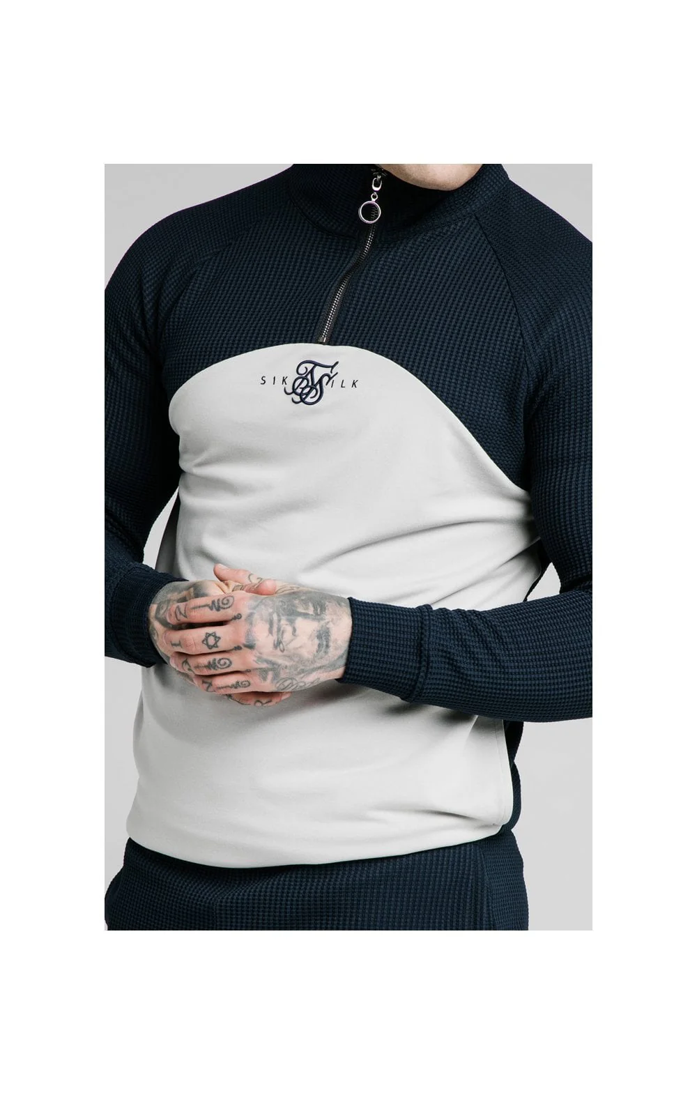 SikSilk Surface Quarter Zip Funnel Neck Hoodie - Navy & Grey - Image 2