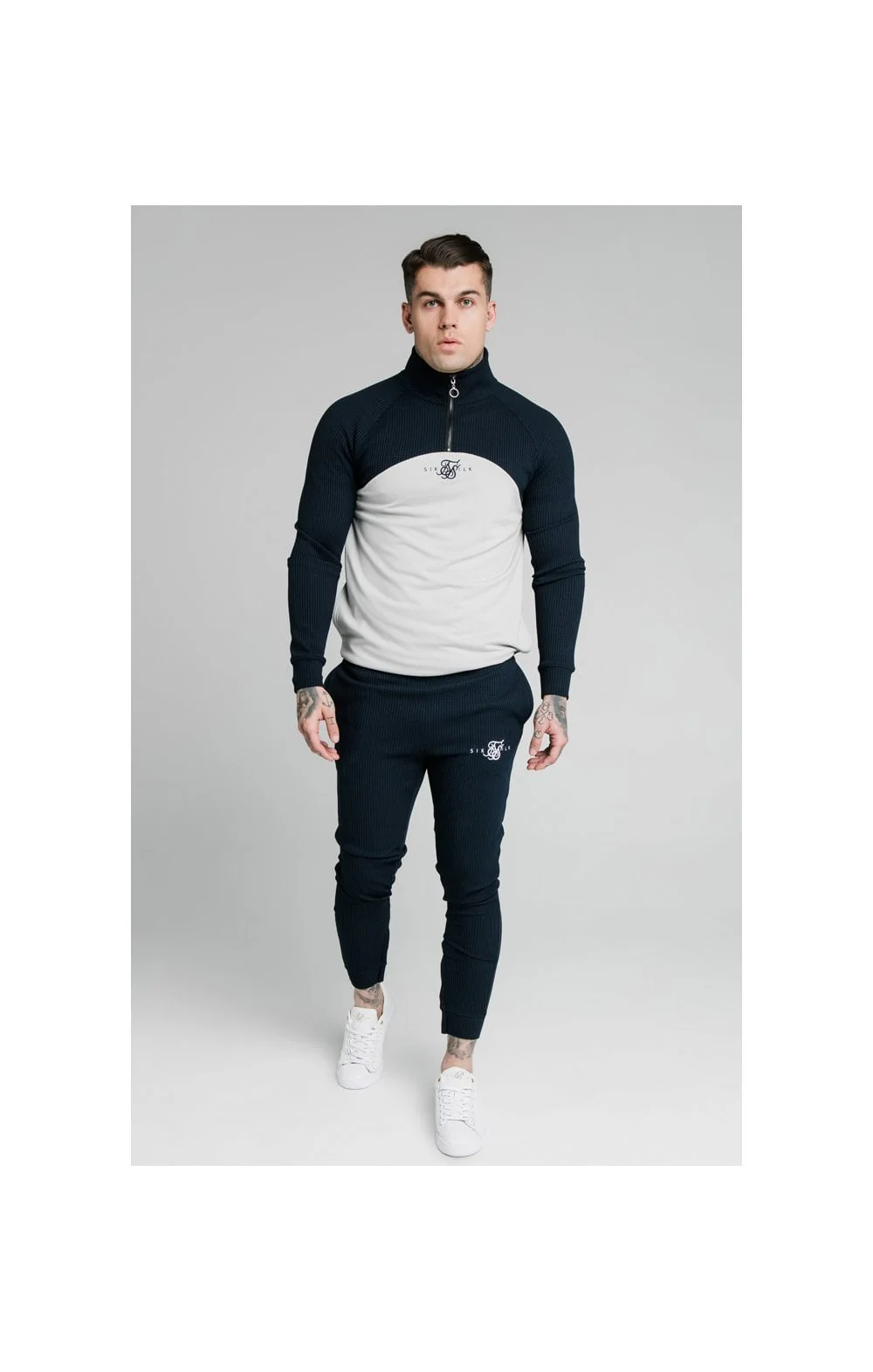 SikSilk Surface Quarter Zip Funnel Neck Hoodie - Navy & Grey - Image 3