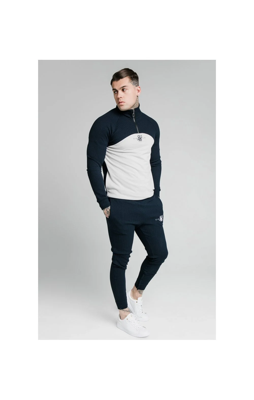 SikSilk Surface Quarter Zip Funnel Neck Hoodie - Navy & Grey - Image 5