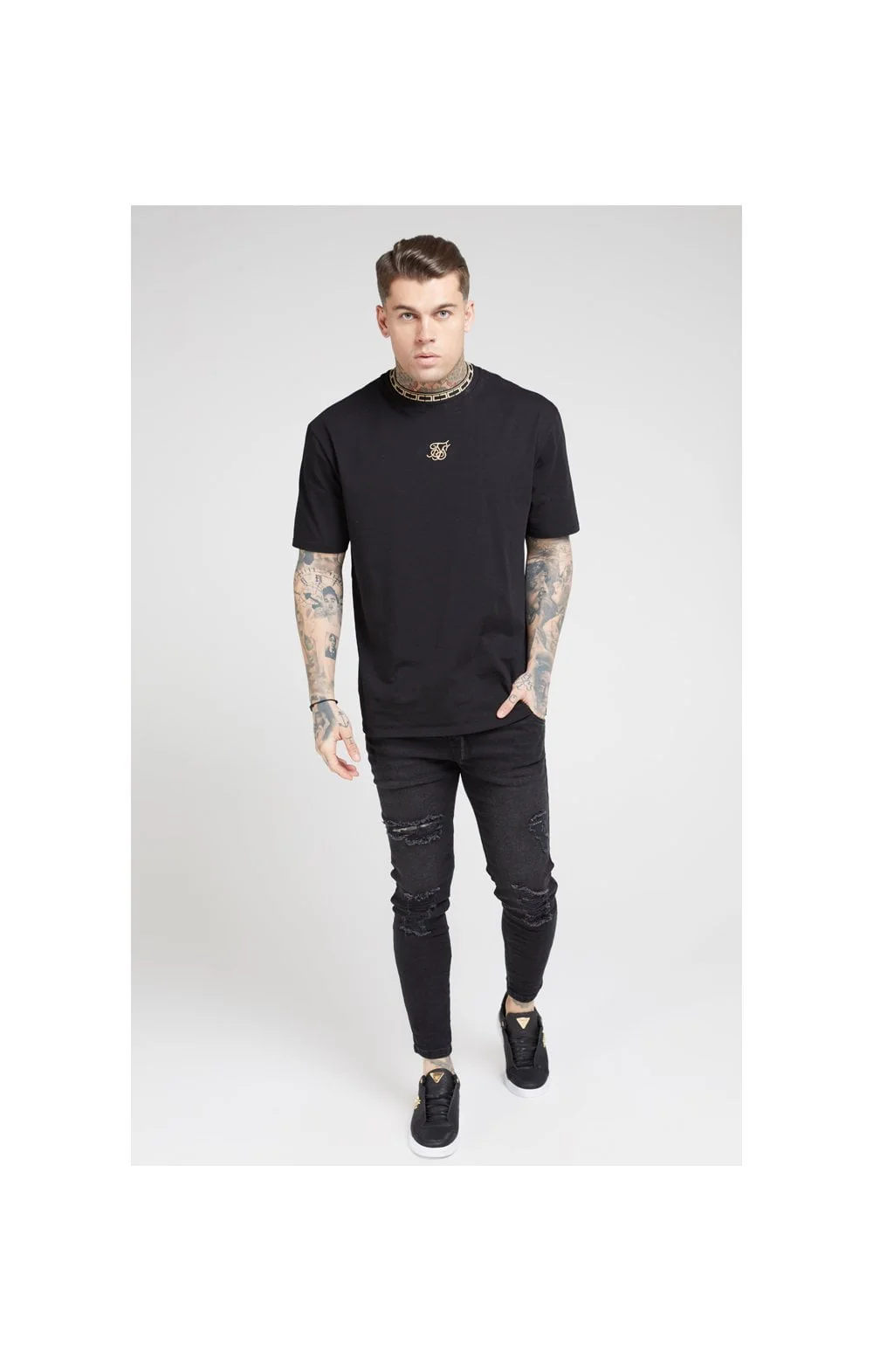 SikSilk Tape Collar Essential Tee - Black & Gold - Image 3