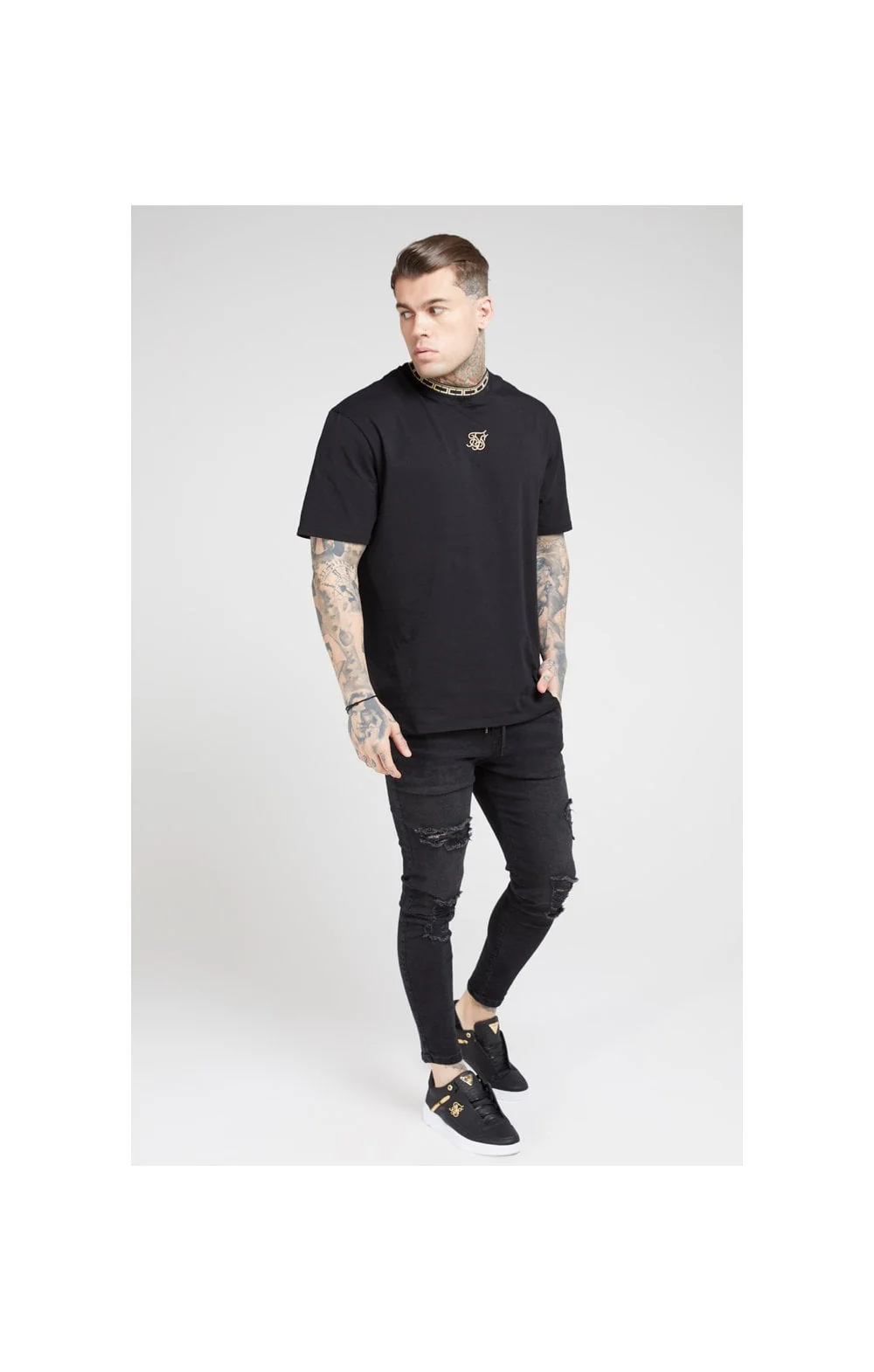 SikSilk Tape Collar Essential Tee - Black & Gold - Image 4