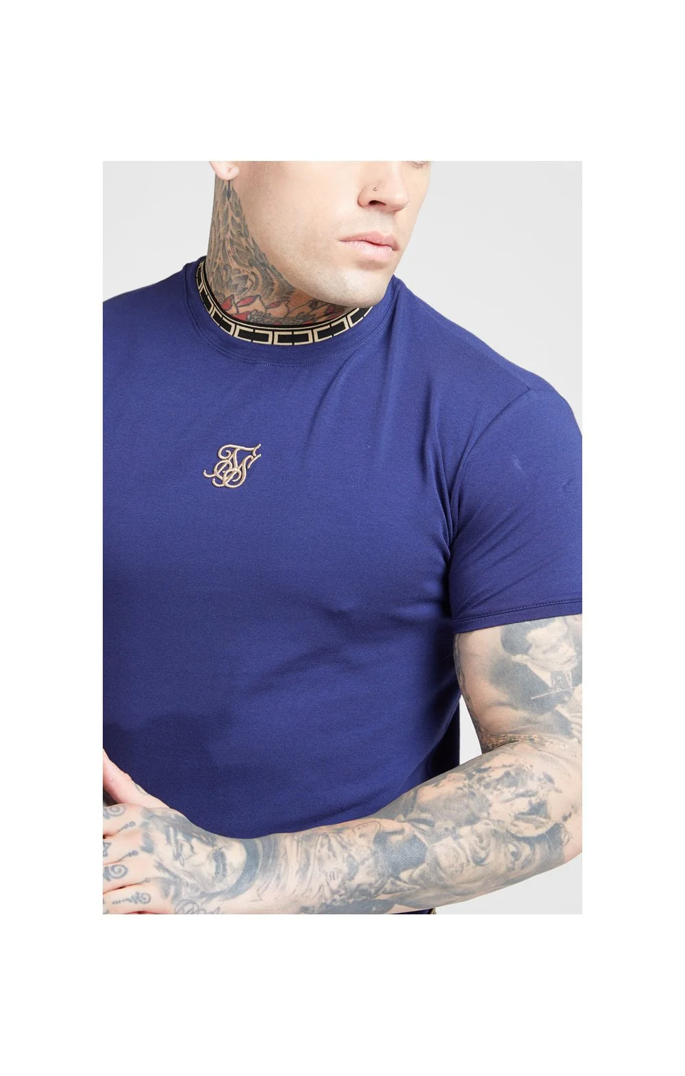SikSilk Tape Collar Gym Tee - Navy & Gold
