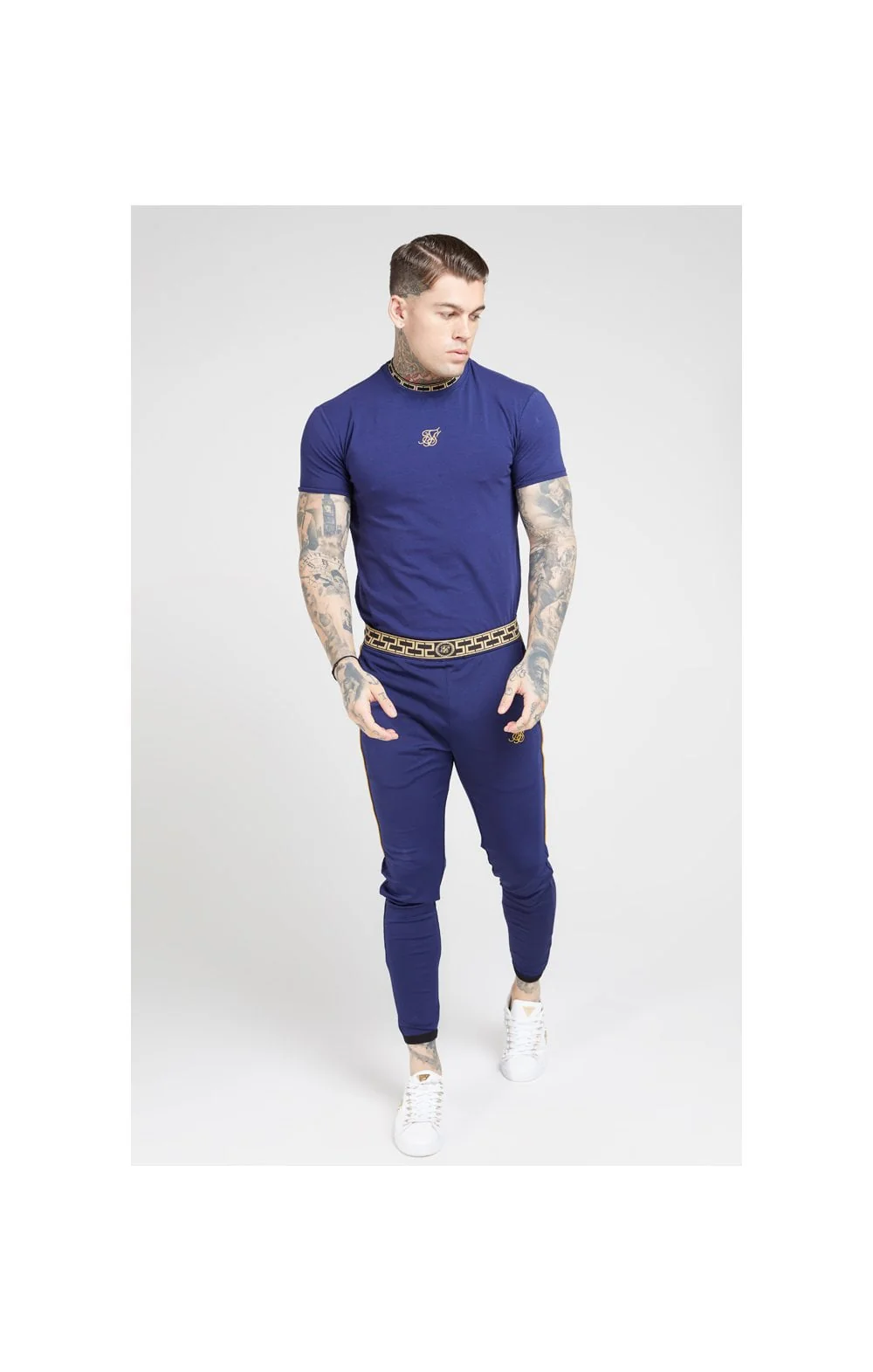 SikSilk Tape Collar Gym Tee - Navy & Gold - Image 4
