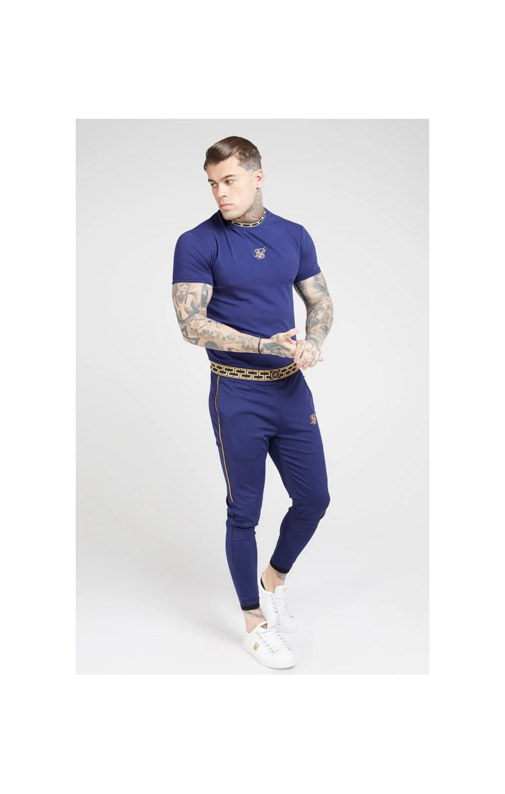 SikSilk Tape Collar Gym Tee - Navy & Gold - Image 5