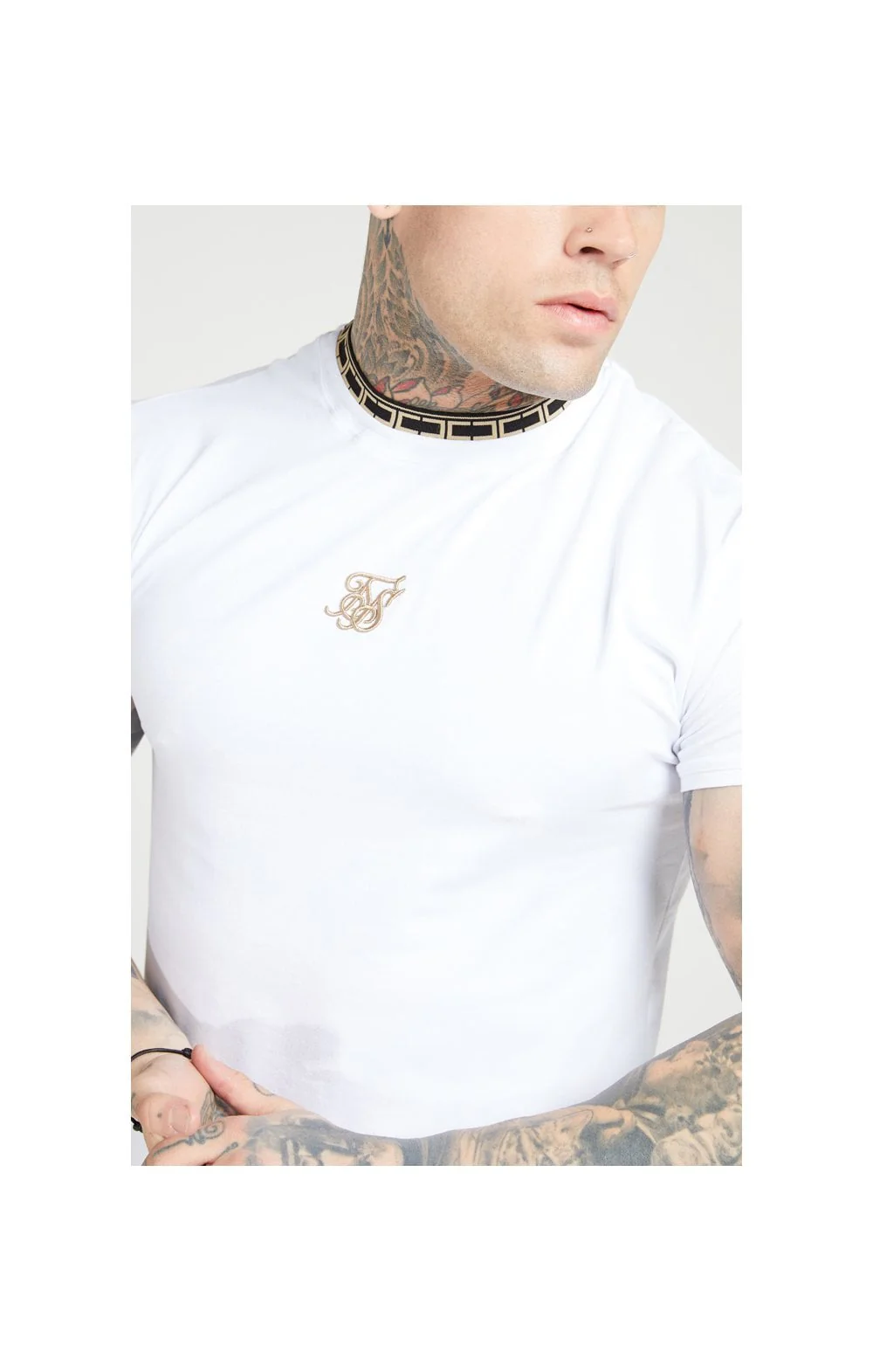SikSilk Tape Collar Gym Tee - White & Gold