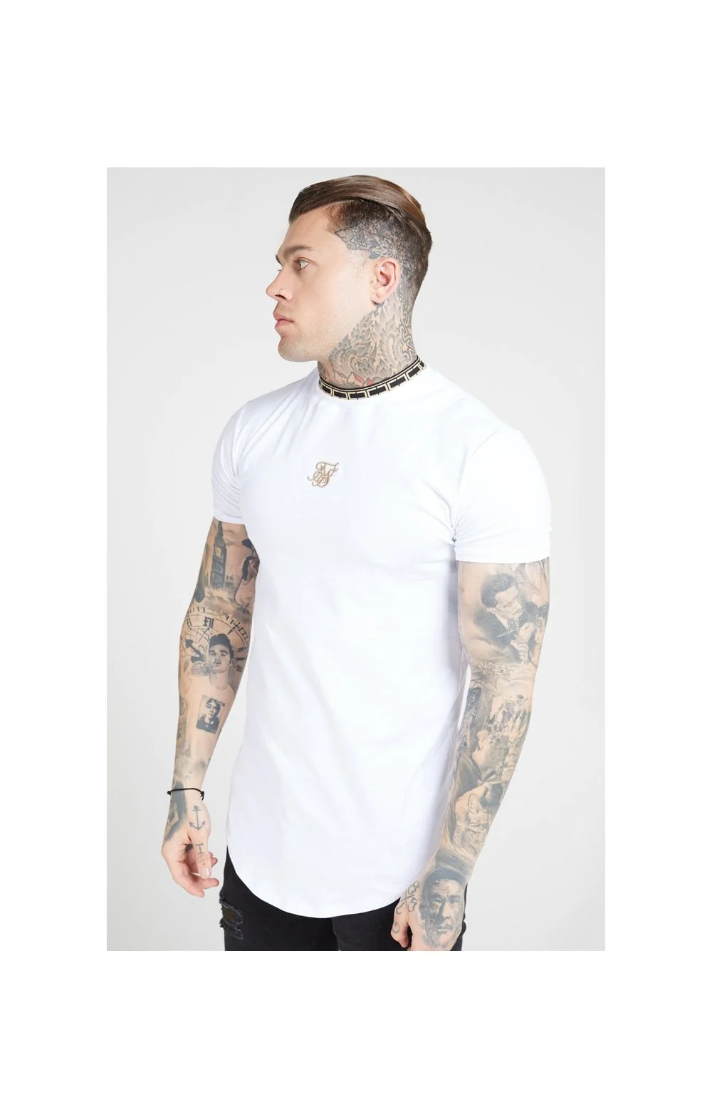 SikSilk Tape Collar Gym Tee - White & Gold - Image 2