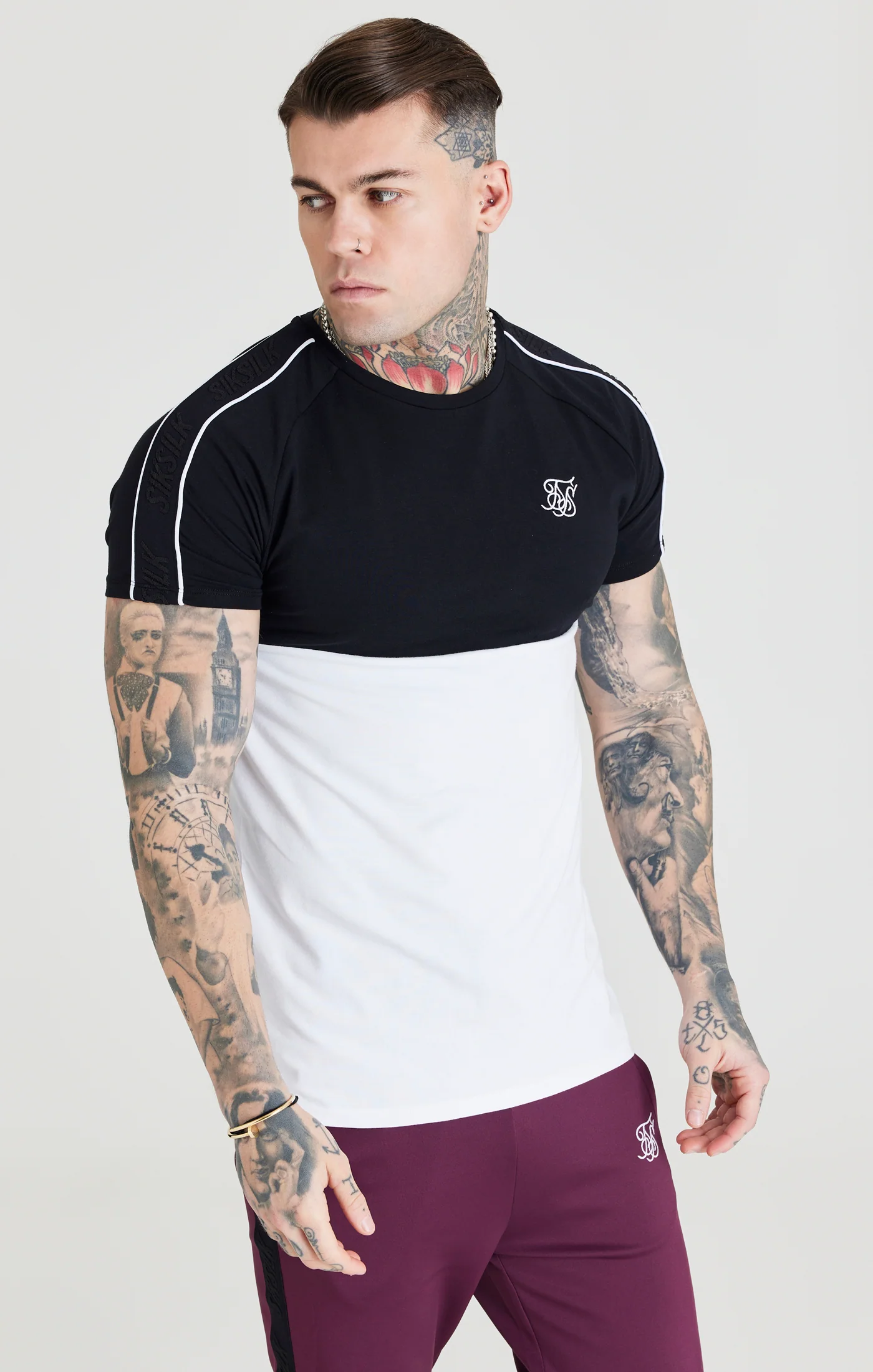 SikSilk Taped Square Hem Tee - Black & White - Image 2