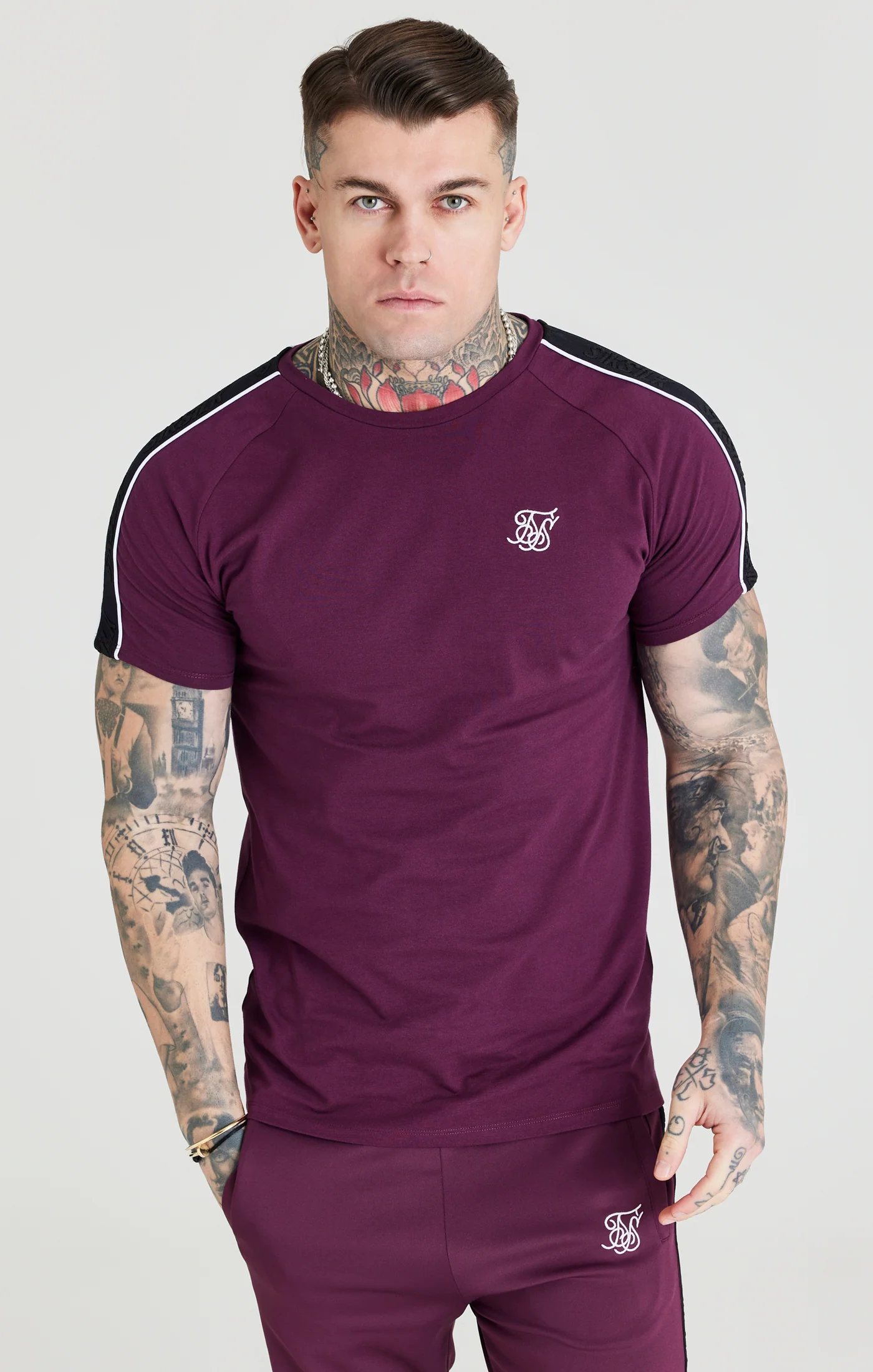 SikSilk Taped Square Hem Tee - Burgundy & Black