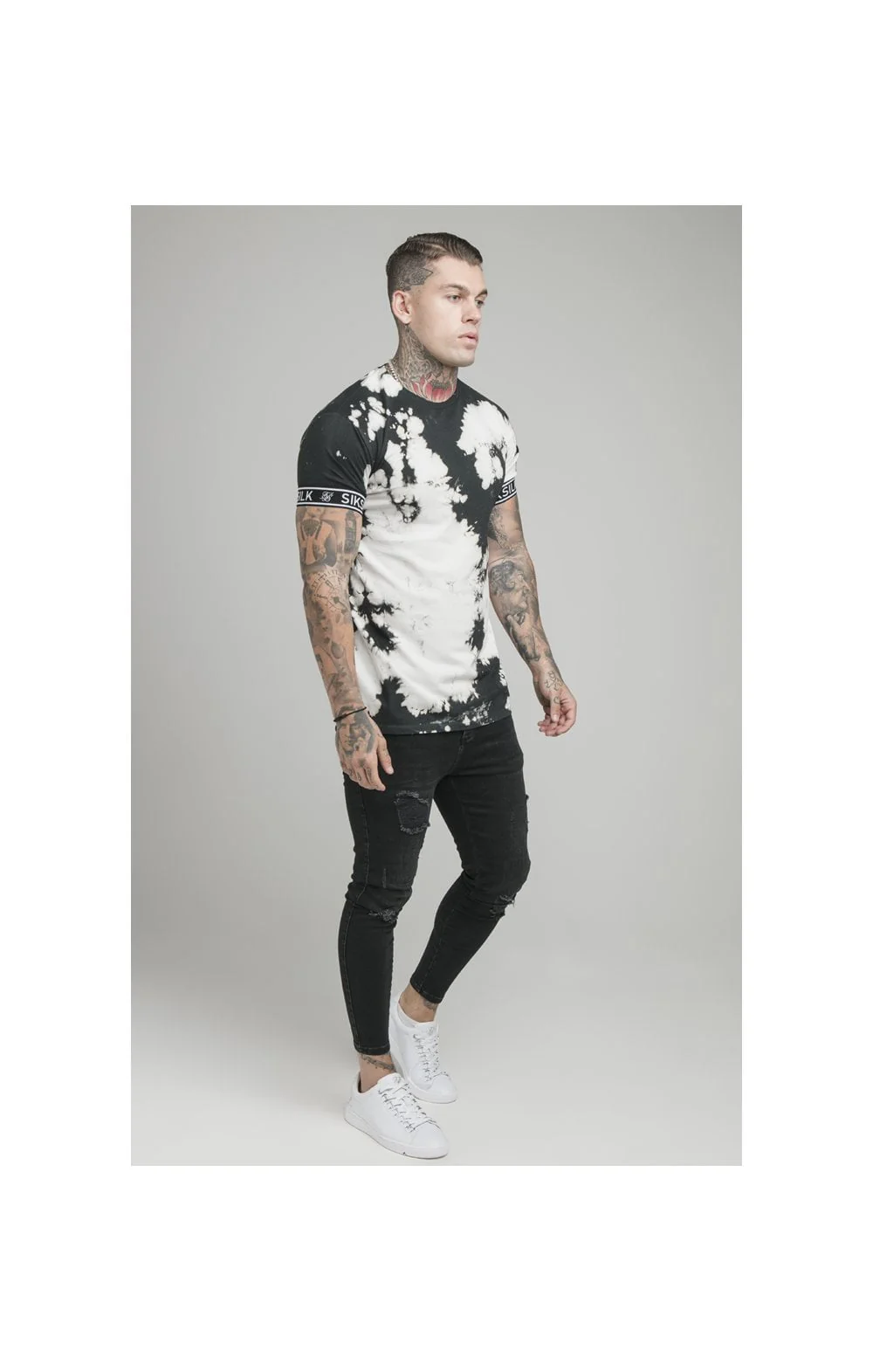 SikSilk Tie Dye Cuff Tee - Black & Grey - Image 2
