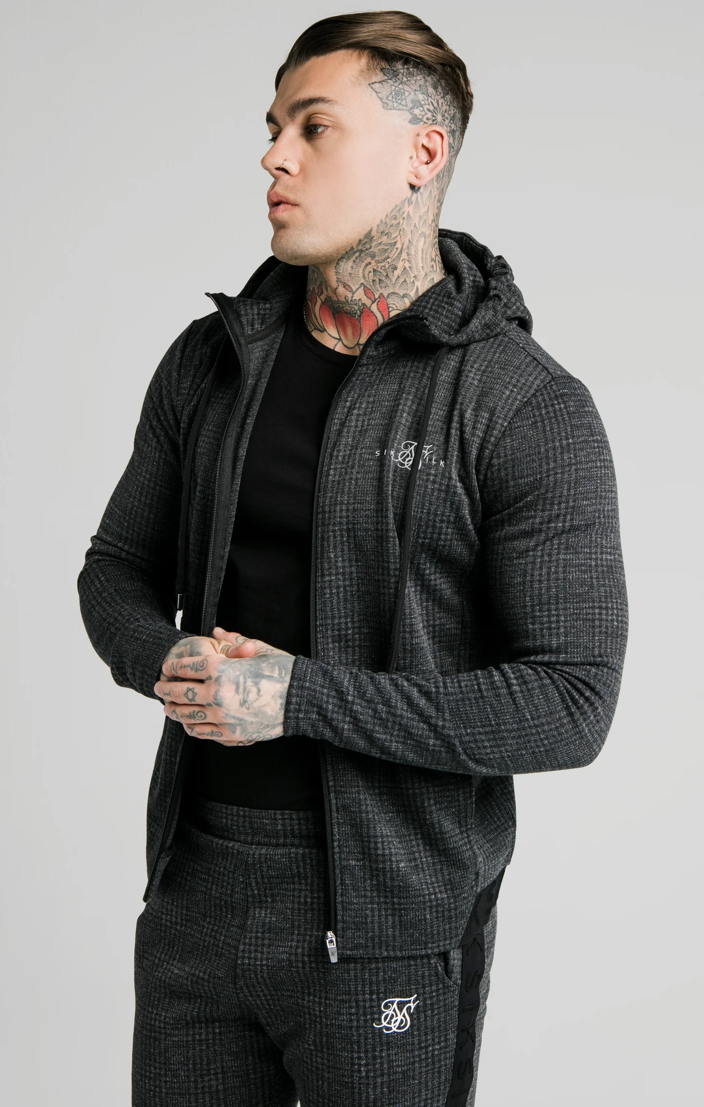 SikSilk Tonal Check Agility Zip Through Hoodie - Grey