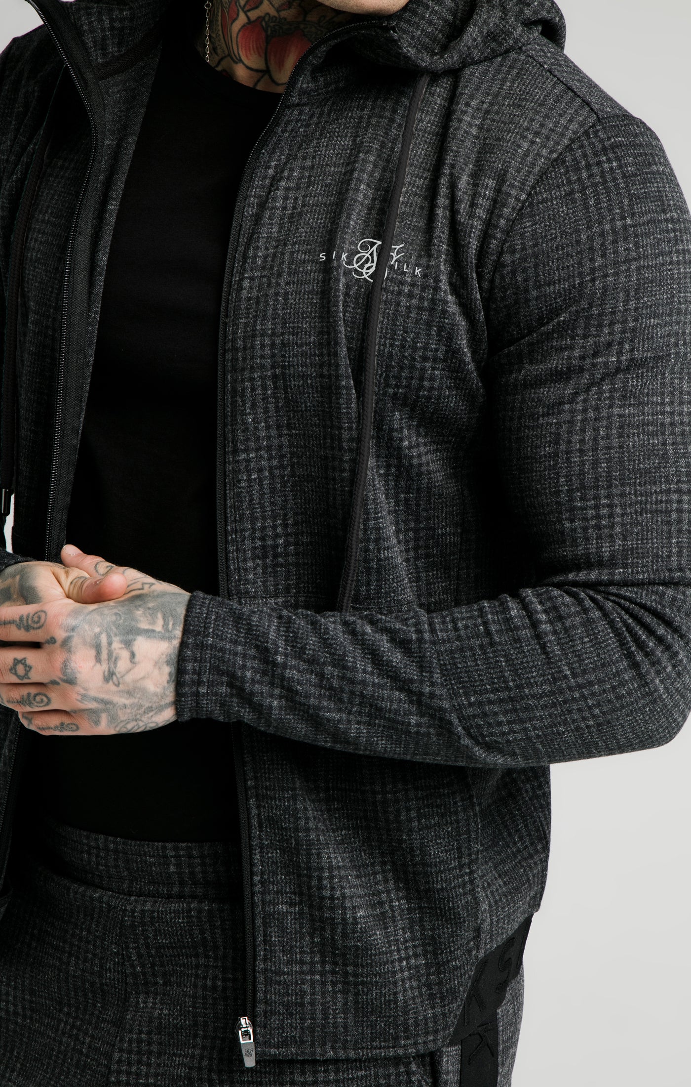 SikSilk Tonal Check Agility Zip Through Hoodie - Grey - Image 2