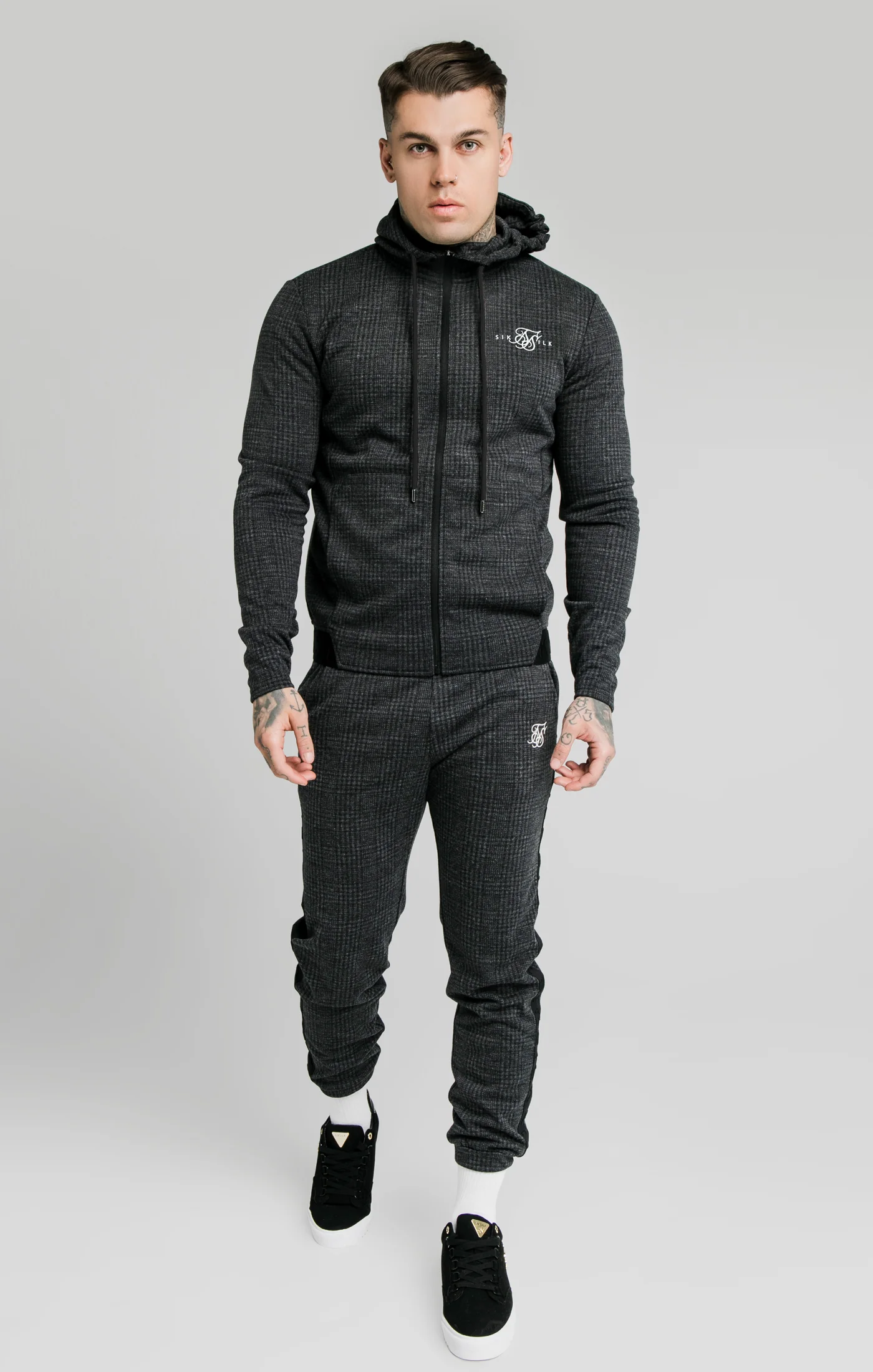 SikSilk Tonal Check Agility Zip Through Hoodie - Grey - Image 3
