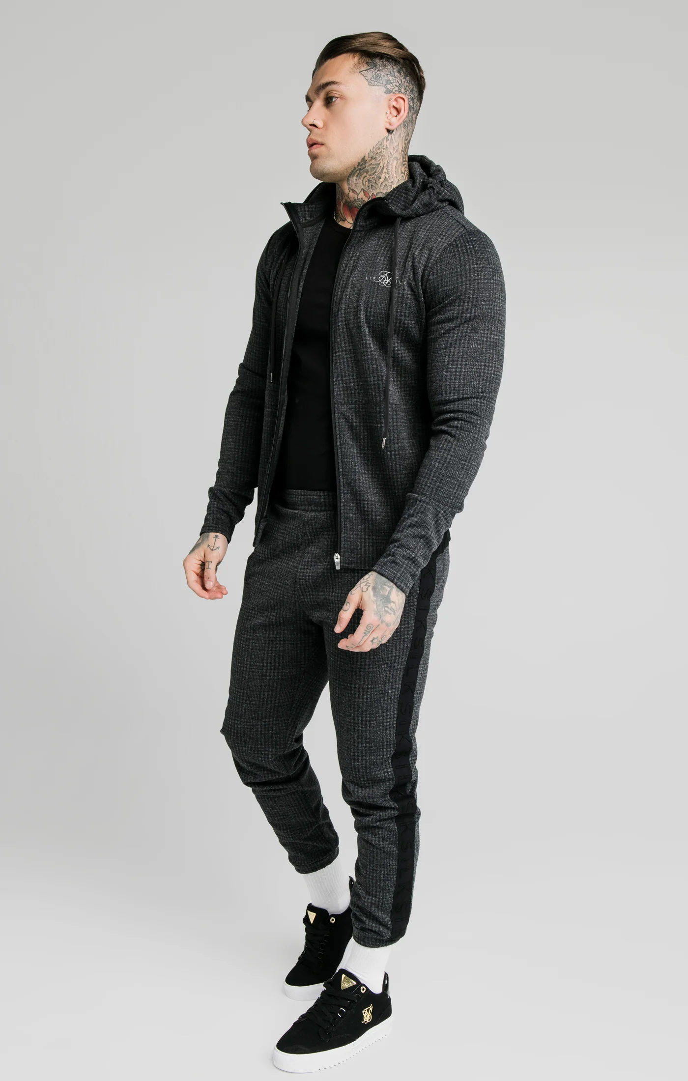 SikSilk Tonal Check Agility Zip Through Hoodie - Grey - Image 4