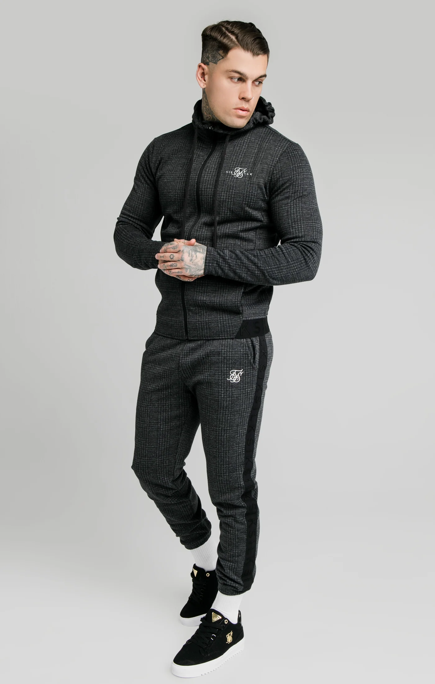 SikSilk Tonal Check Cuffed Pant – Grey - Image 2