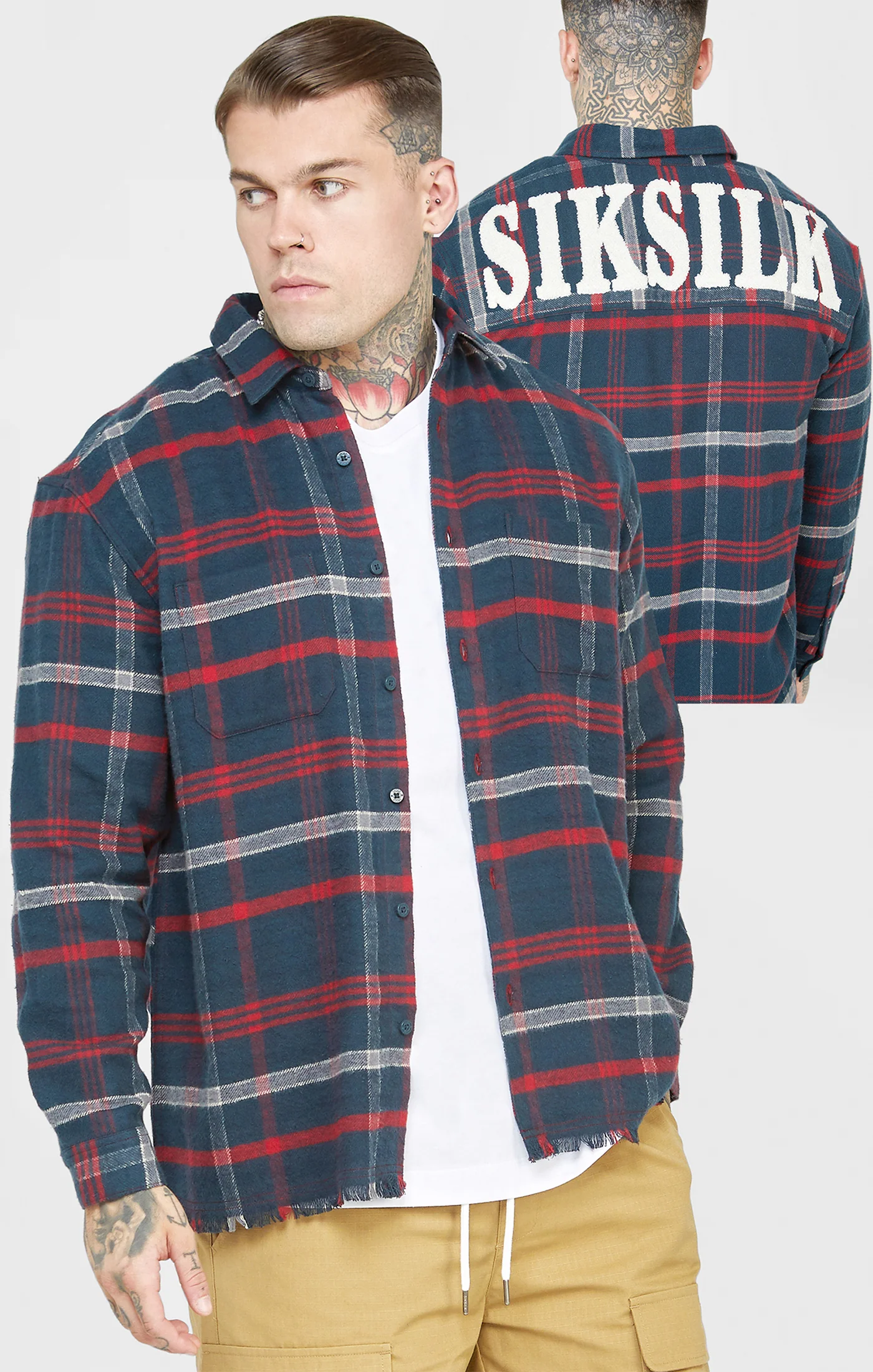 Navy Towelling Logo Long Sleeve Check Shirt