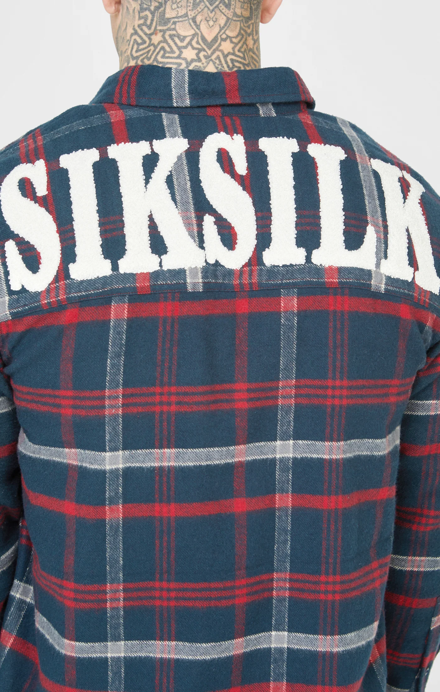 Navy Towelling Logo Long Sleeve Check Shirt - Image 2